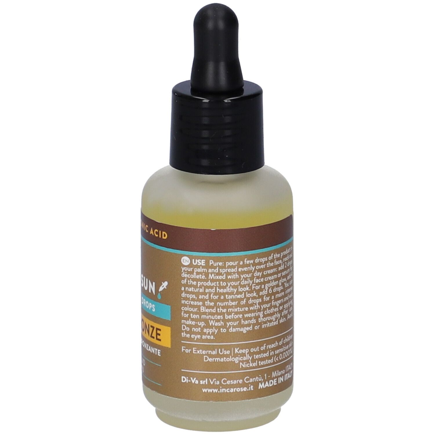 Retro del flacone con testo. Scritta: Use, 30 ml, 1.01 fl.oz. Con istruzioni e avvertenze.