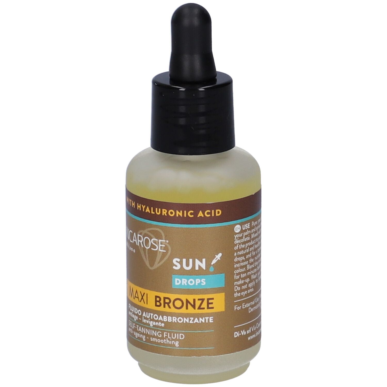 Flacone in vetro con contagocce. Scritta: SUN DROPS, MAXI BRONZE, Fluido Autoabbronzante. Con acido ialuronico.