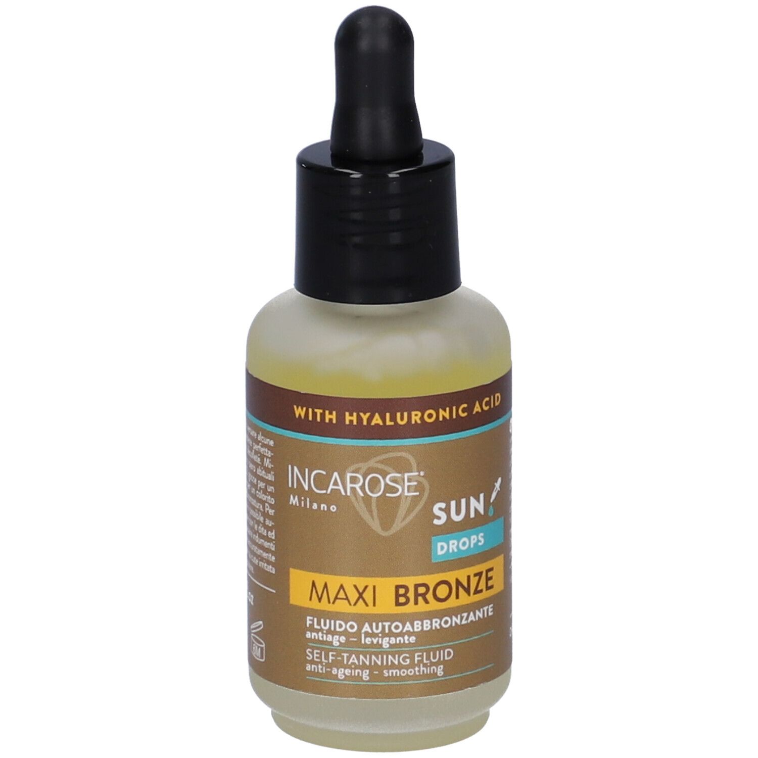 Flacone in vetro con contagocce. Scritta: SUN DROPS, MAXI BRONZE, Fluido Autoabbronzante. Con acido ialuronico.