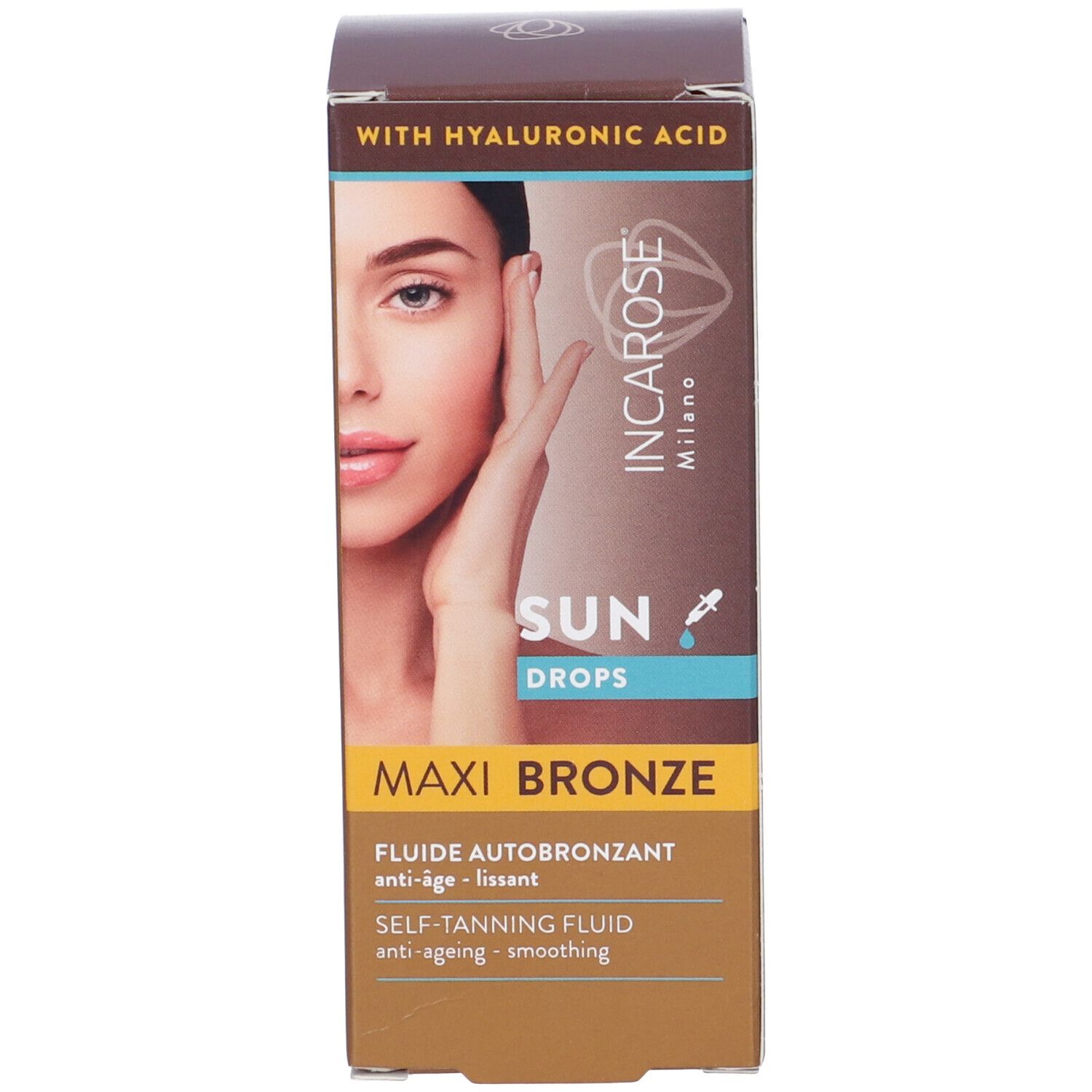 Confezione del prodotto con scatola. Scritta: SUN DROPS, MAXI BRONZE, Fluido Autoabbronzante. Con volto.