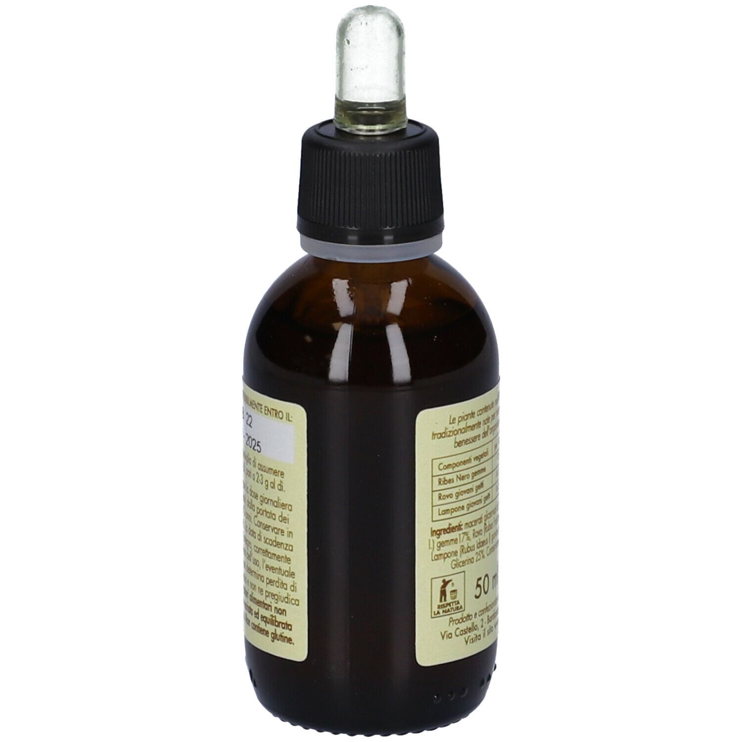 Flacone di vetro marrone con tappo nero e pipetta. Etichetta con informazioni sul prodotto. Volume: 50 ml.