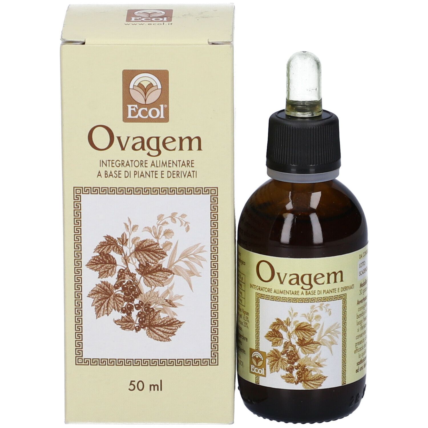 Flacone di vetro marrone con tappo nero e pipetta, accanto a scatola. Scritta: Ovagem. Volume: 50 ml.