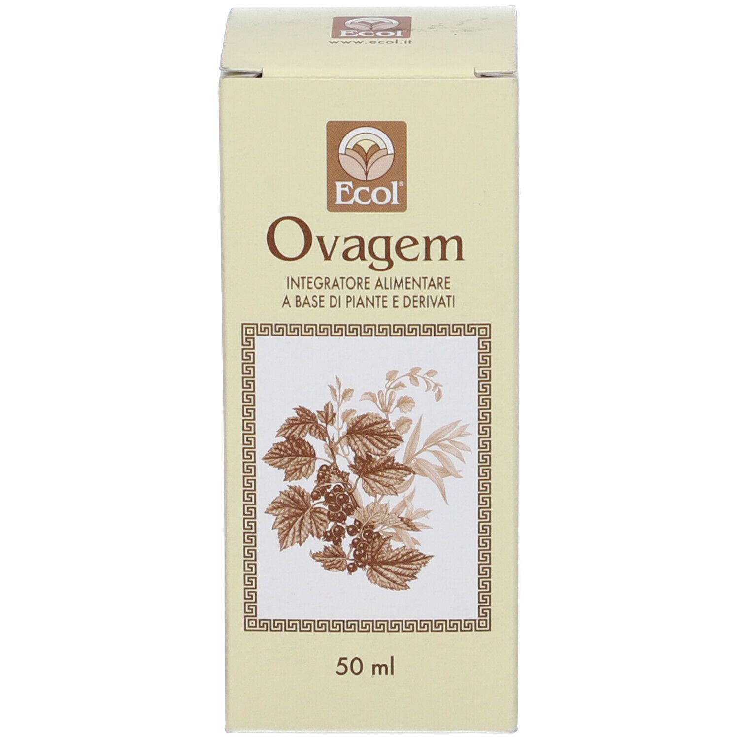 Scatola di cartone con stampa del prodotto. Scritta: Ovagem. Illustrazione di foglie e bacche. Volume: 50 ml.