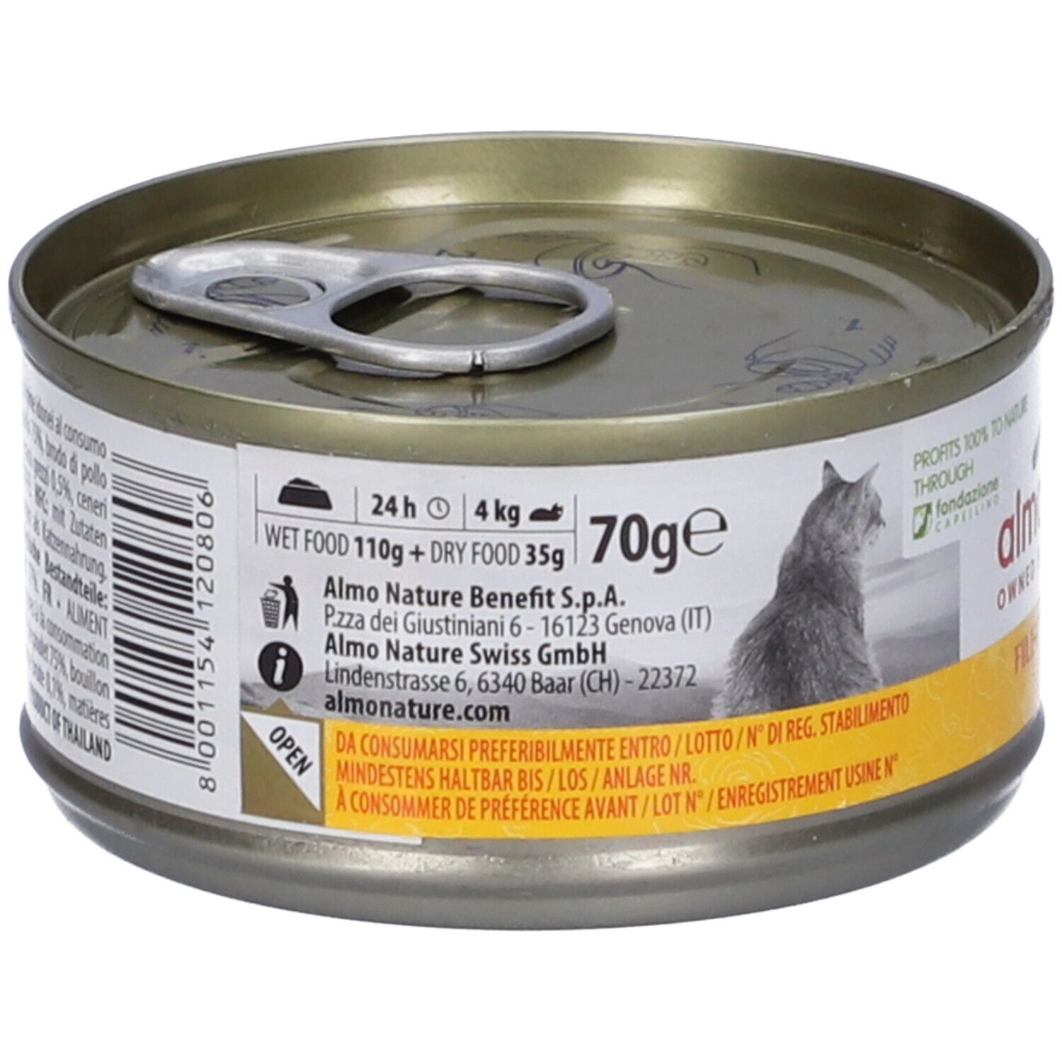 Lattina di cibo per gatti Almo Nature. Scritta: 70g. Informazioni su ingredienti e valori nutrizionali. Illustrazione di gatto.