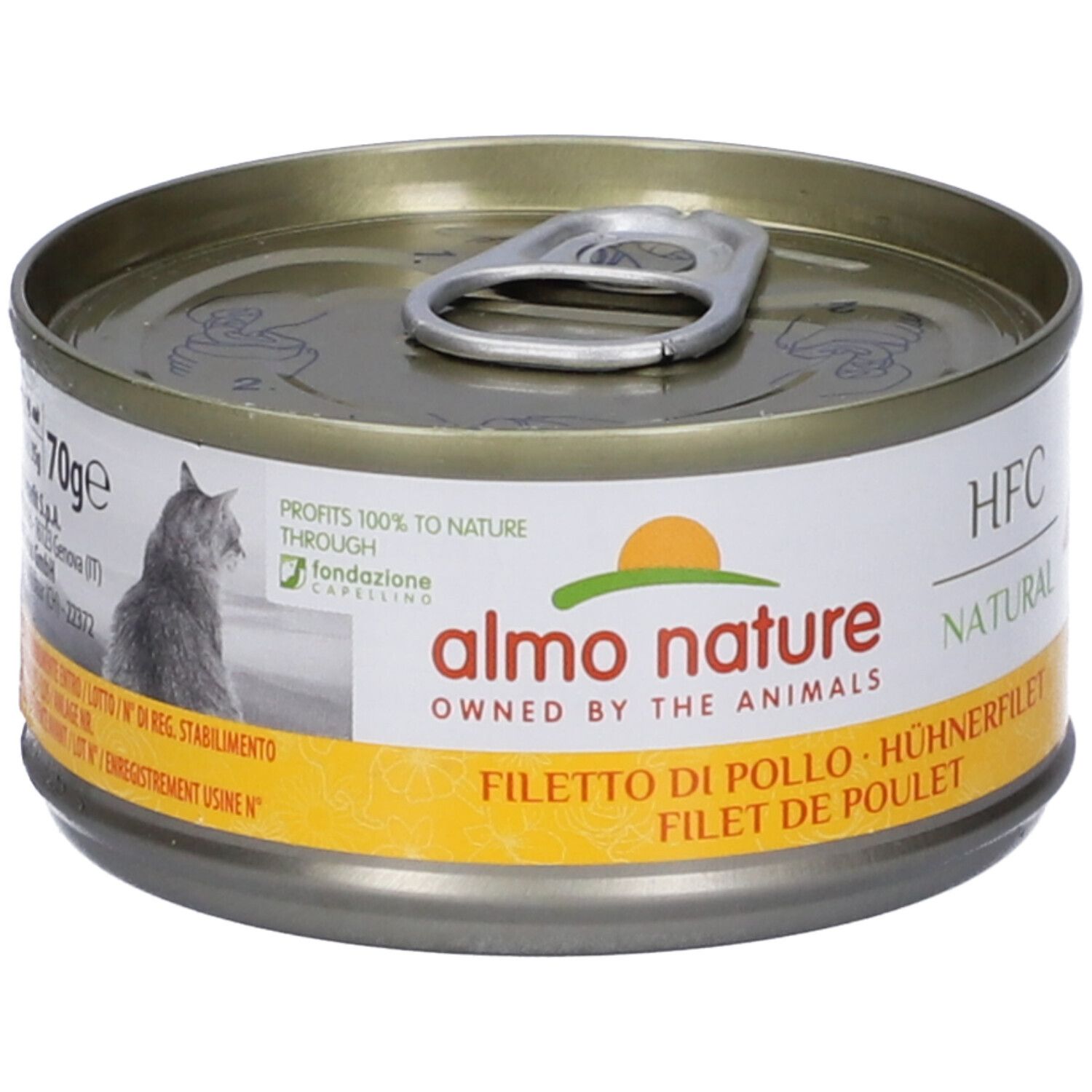 Lattina di cibo per gatti Almo Nature. Scritta: 70g. Filetto di Pollo, Hühnerfilet, Filet de Poulet. HFC Natural.
