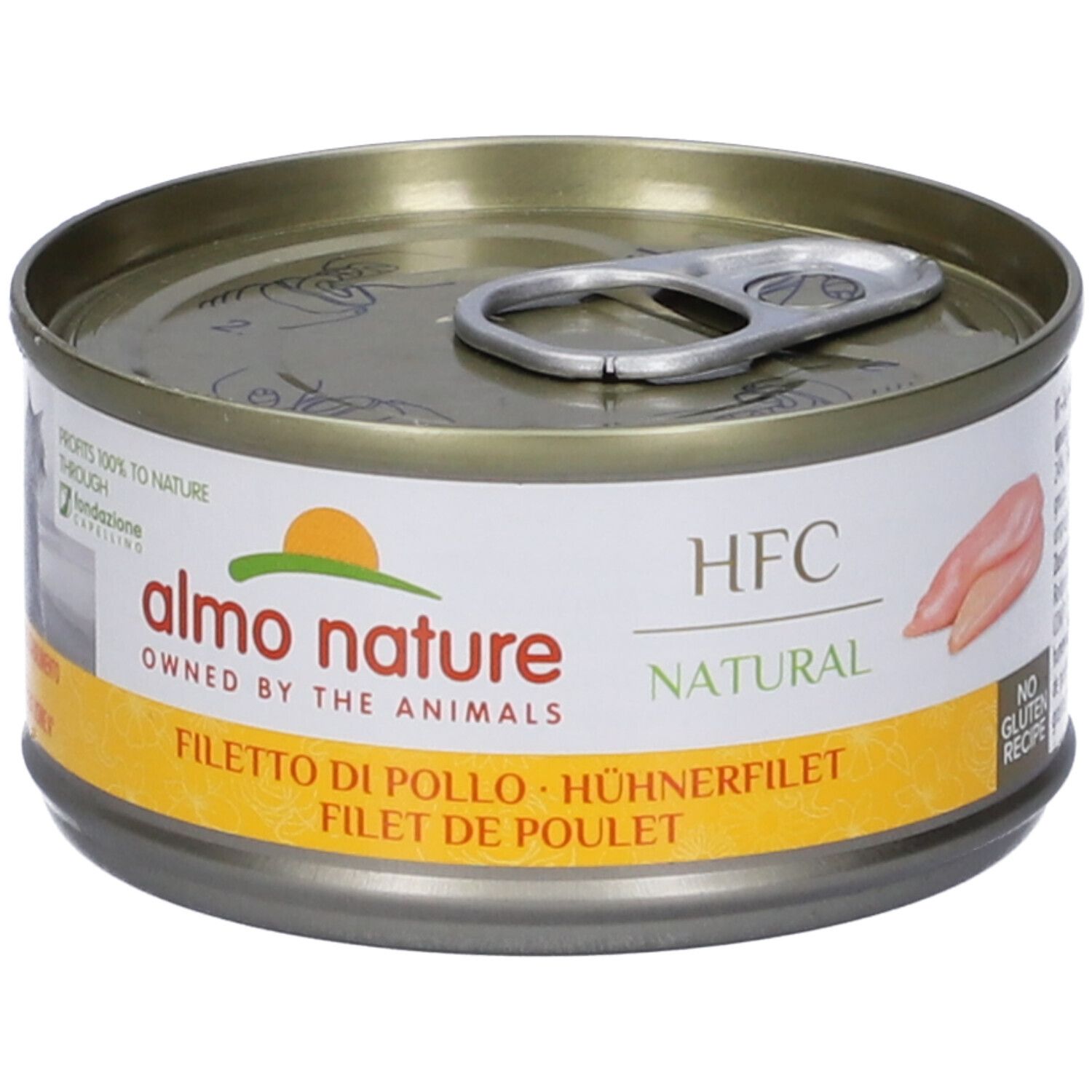 Lattina di cibo per gatti Almo Nature. Scritta: Filetto di Pollo, Hühnerfilet, Filet de Poulet. HFC Natural. Senza glutine.