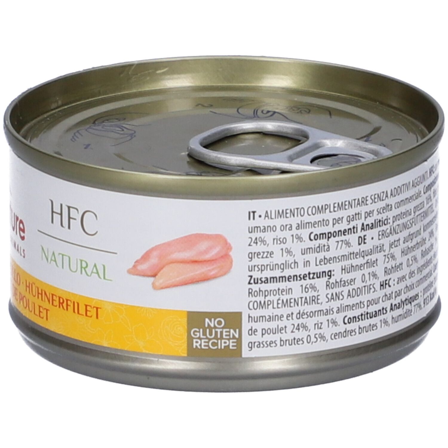 Lattina di cibo per gatti Almo Nature. Scritta: Filetto di Pollo, Hühnerfilet, Filet de Poulet. HFC Natural. Senza glutine. Ingredienti.