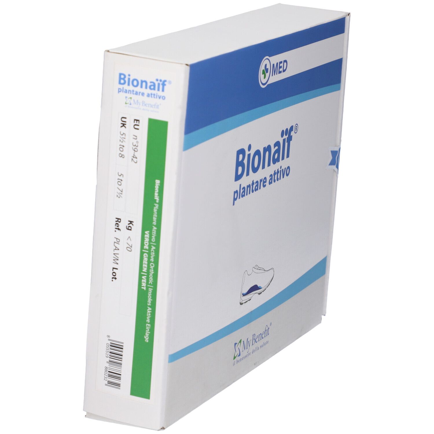 Confezione del prodotto, vista laterale. Scritta: Bionaif plantare attivo. Con informazioni e codice a barre.