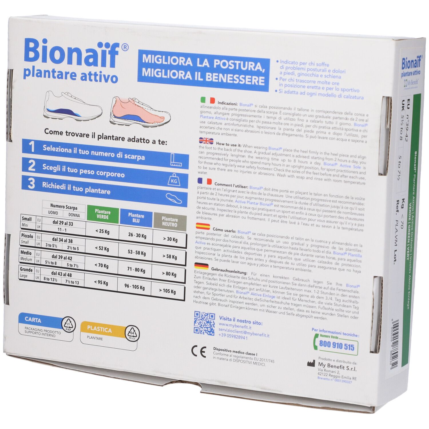 Retro della confezione del prodotto. Contiene informazioni per l'uso e tabella taglie. Testo multilingue.