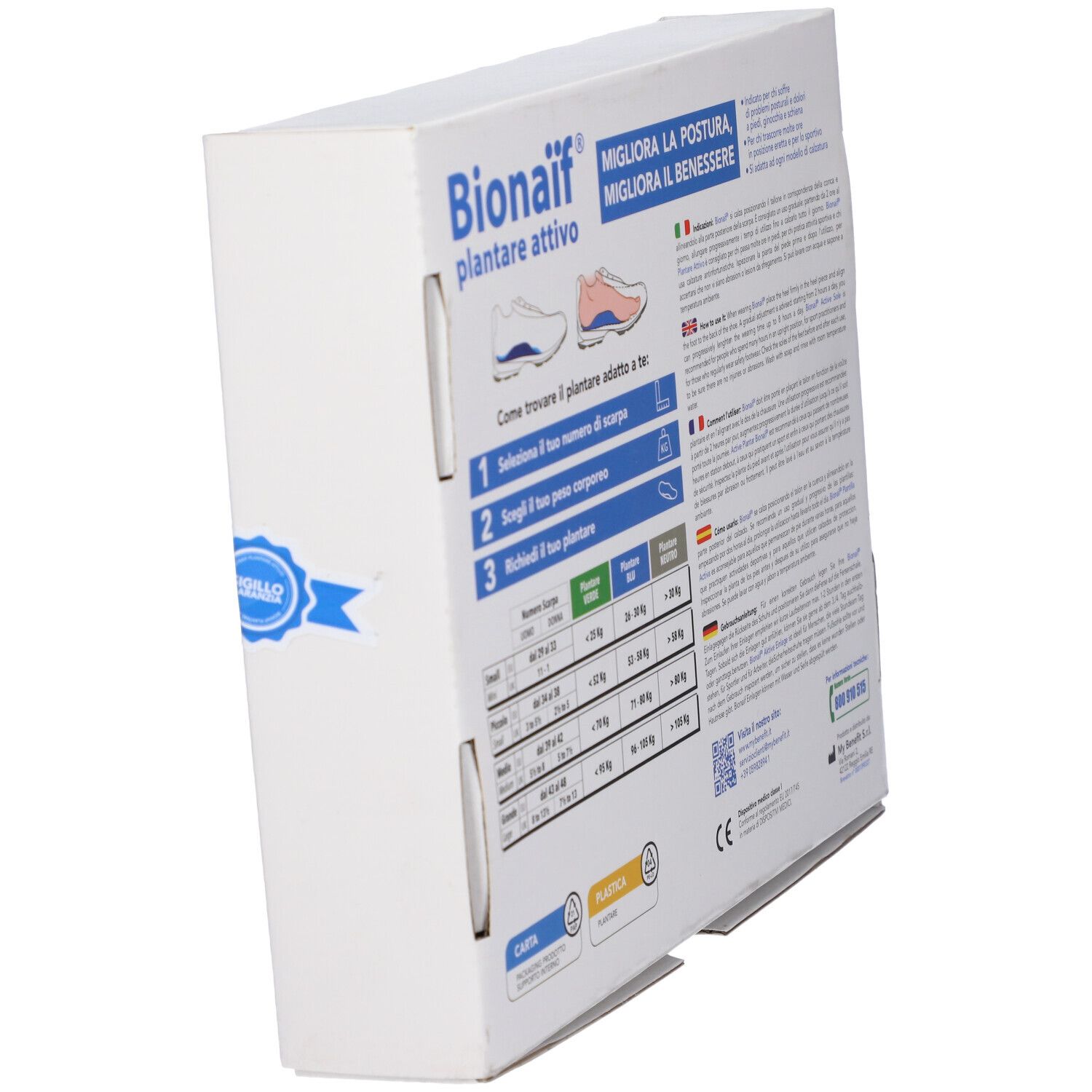 Confezione del prodotto, vista obliqua. Scritta: Bionaif plantare attivo. Con informazioni per l'uso.