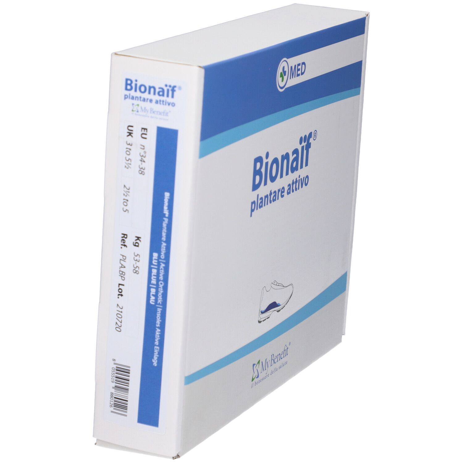 Vista laterale della confezione Bionaif Plantare Attivo. Scatola bianca e blu con informazioni e codice a barre.