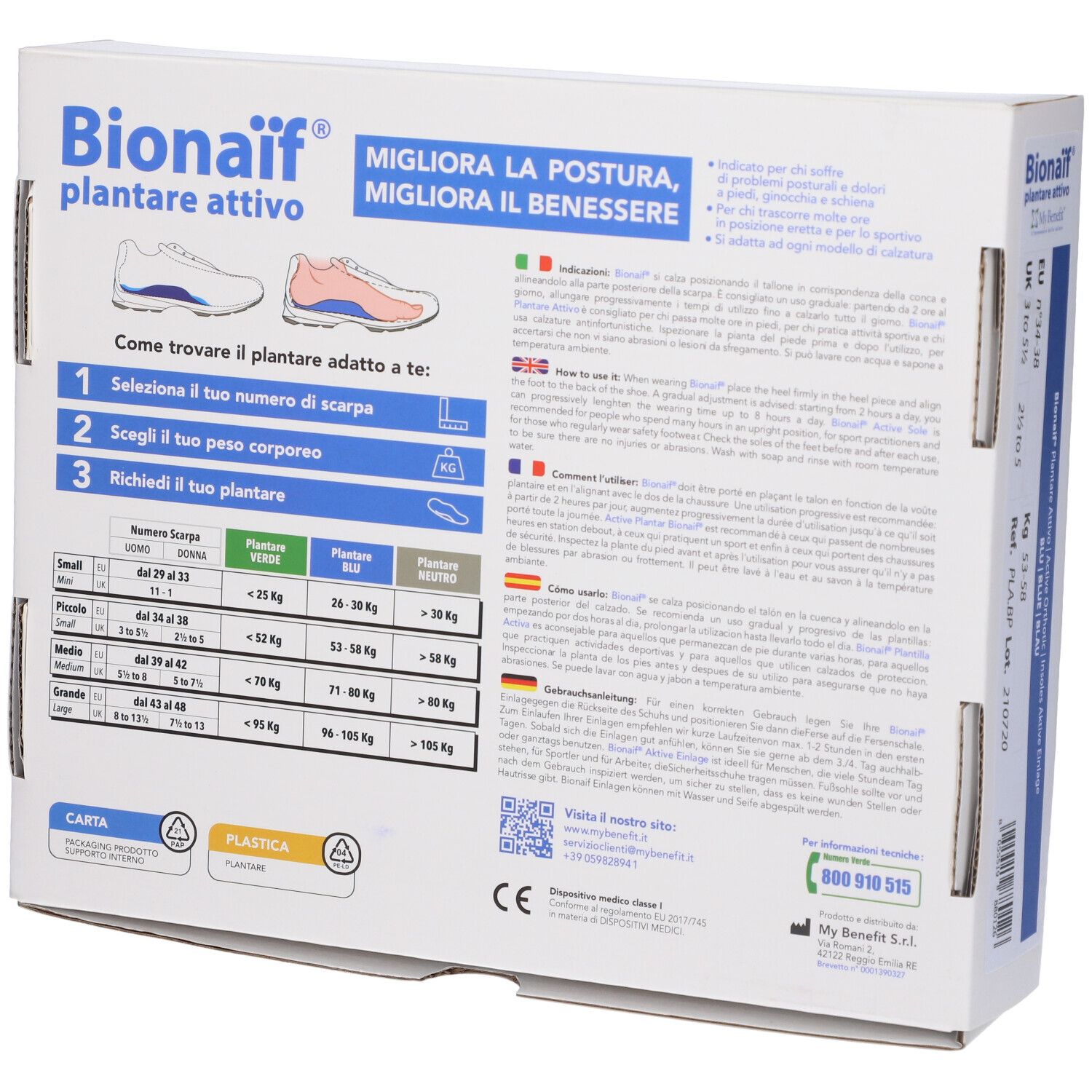Retro della confezione Bionaif Plantare Attivo. Testo multilingue, illustrazioni e marchio CE.