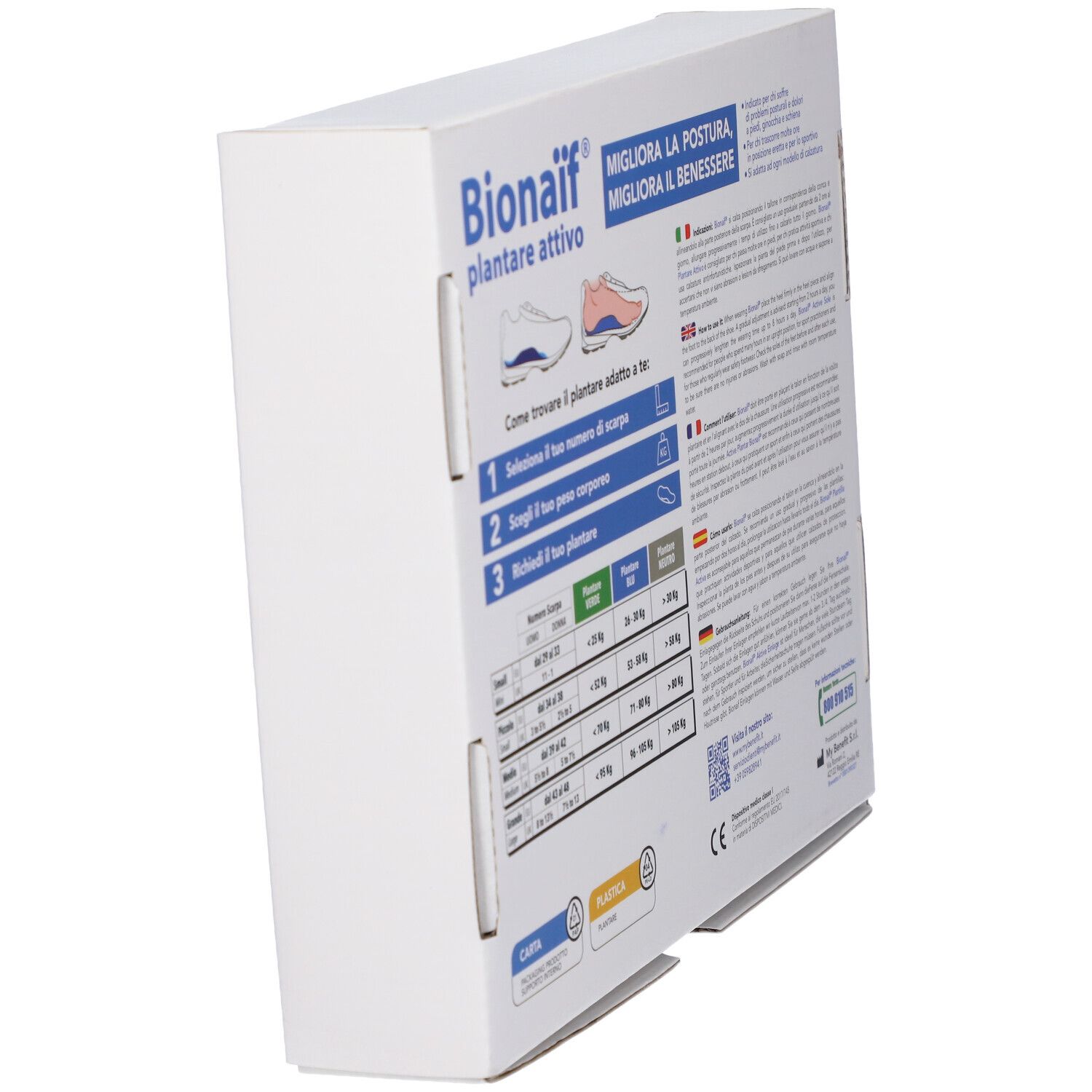 Confezione Bionaif Plantare Attivo, vista obliqua. Scatola bianca e blu con informazioni sul prodotto.