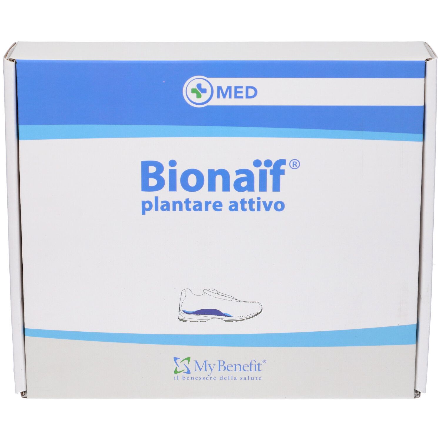 Scatola Bionaif Plantare Attivo. Confezione bianca e blu con logo e nome del prodotto. Illustrazione di scarpa.