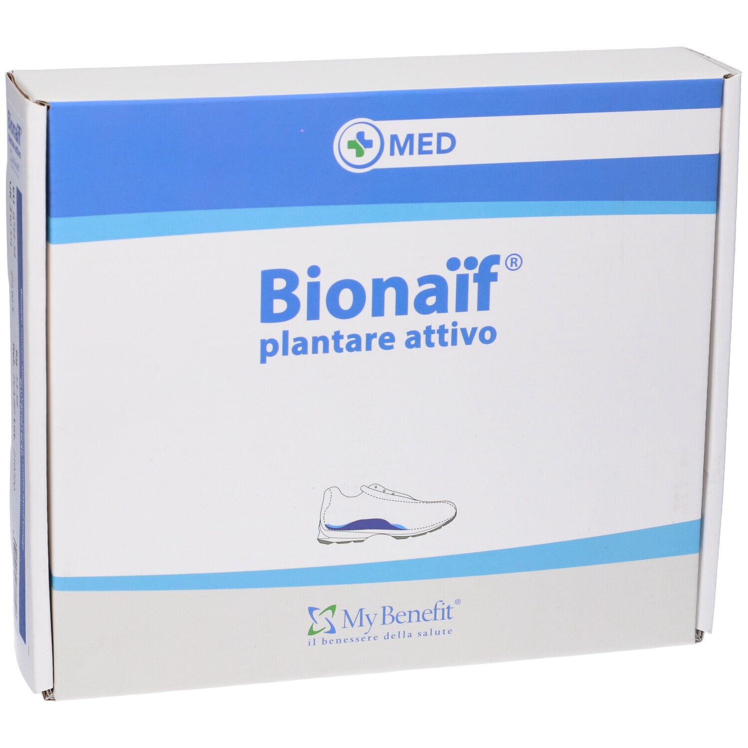 Scatola Bionaif Plantare Attivo. Confezione bianca e blu con logo e nome del prodotto. Illustrazione di scarpa.