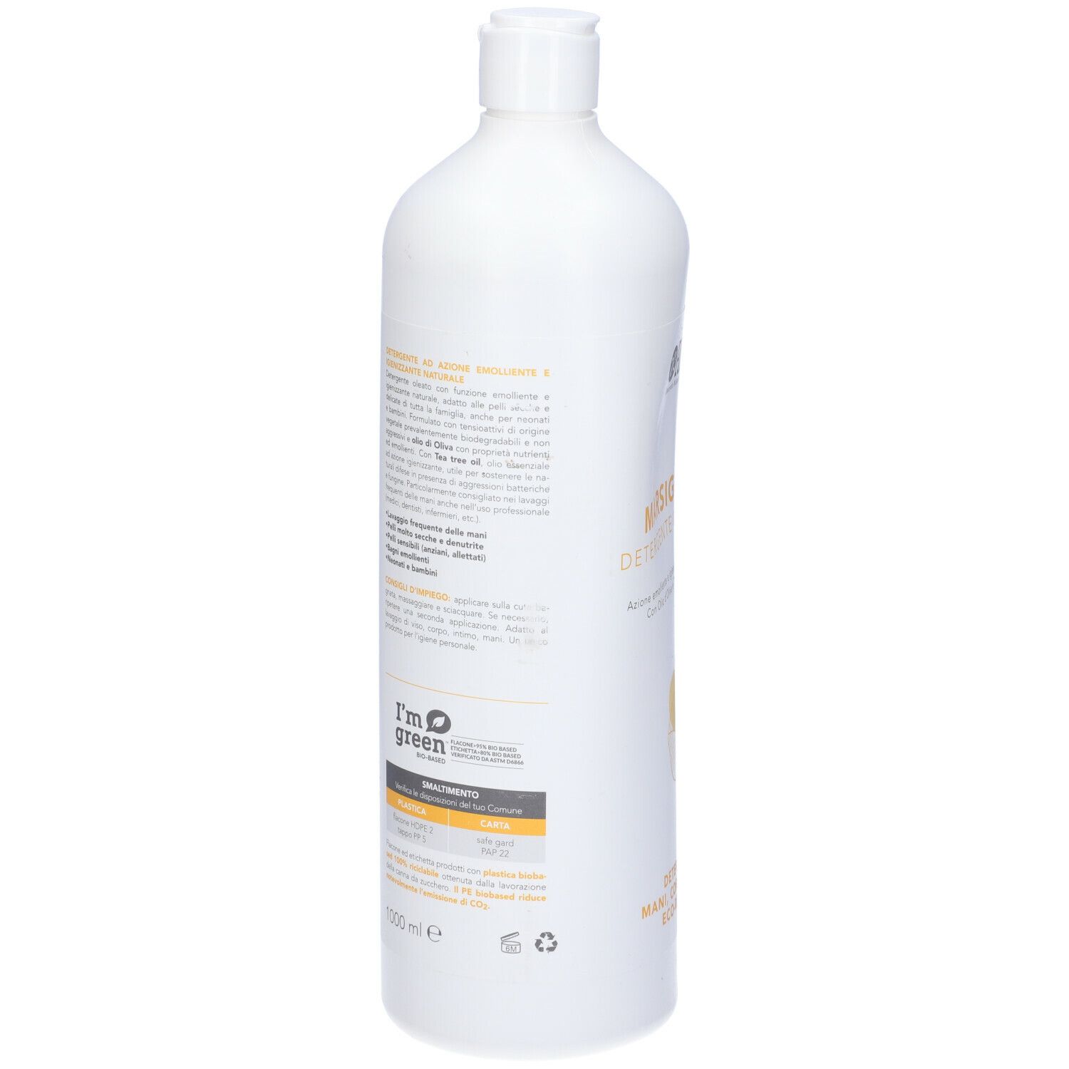 Retro flacone bianco con testo. Ingredienti, istruzioni. Logo I'm green. 1000 ml. Simbolo di riciclo.