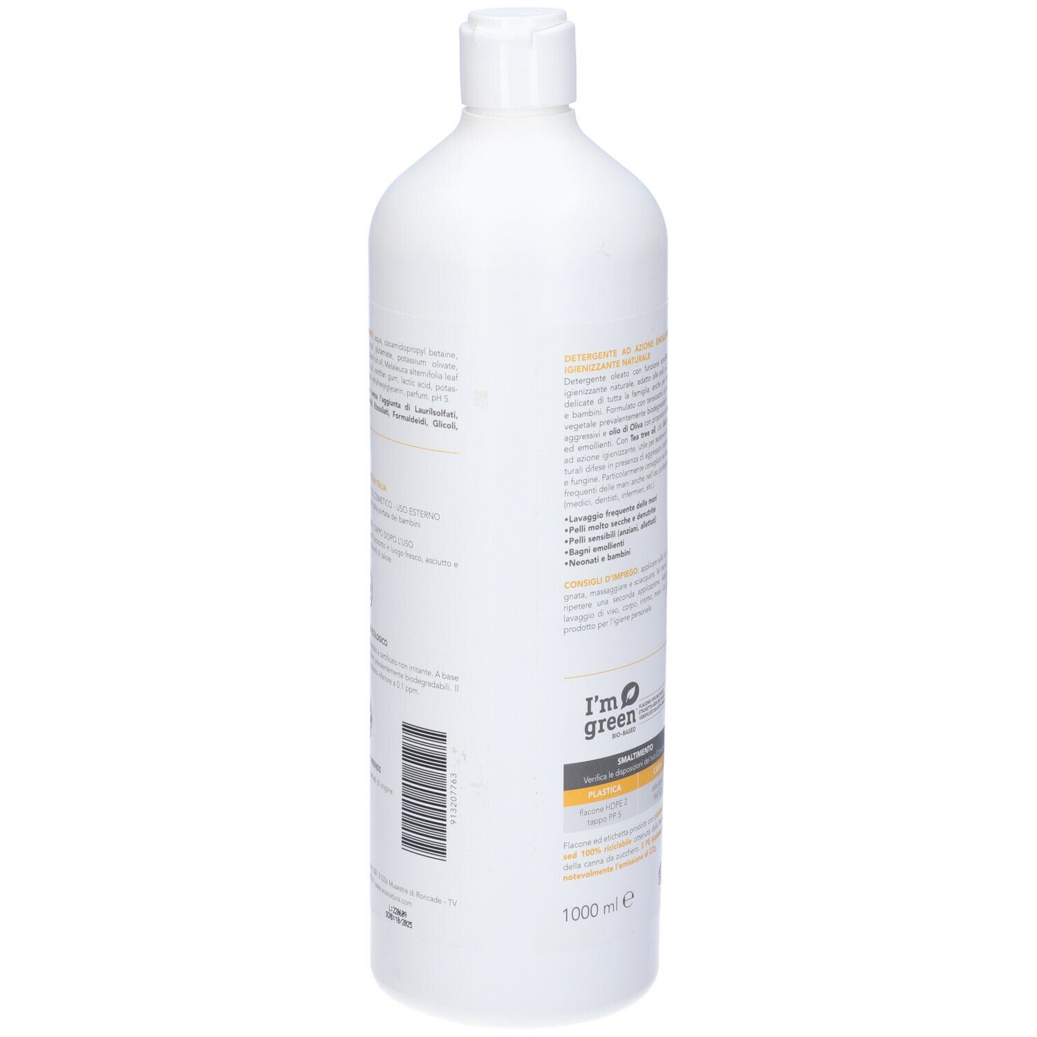 Retro flacone bianco con testo. Ingredienti, istruzioni. Logo I'm green. 1000 ml. Codice a barre.