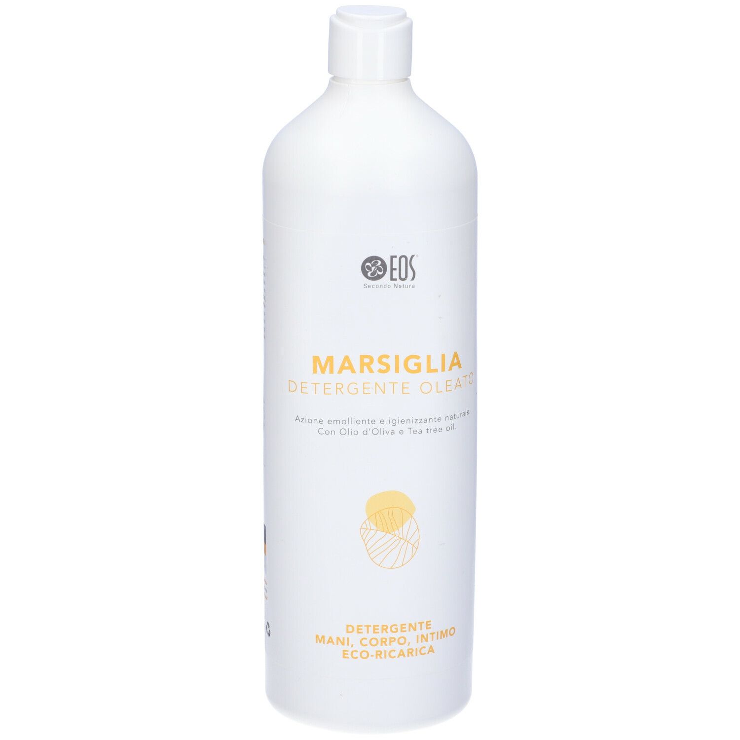Flacone bianco con scritta gialla: Marsiglia Detergente Oleato. Per mani, corpo, intimo. Con olio d'oliva e tea tree. Logo EOS.