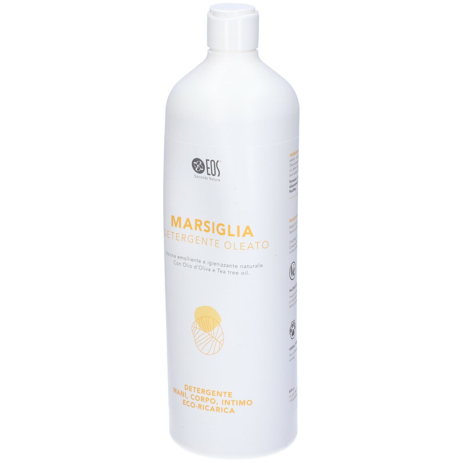 Flacone bianco con scritta gialla: Marsiglia Detergente Oleato. Per mani, corpo, intimo. Con olio d'oliva e tea tree. Logo EOS.