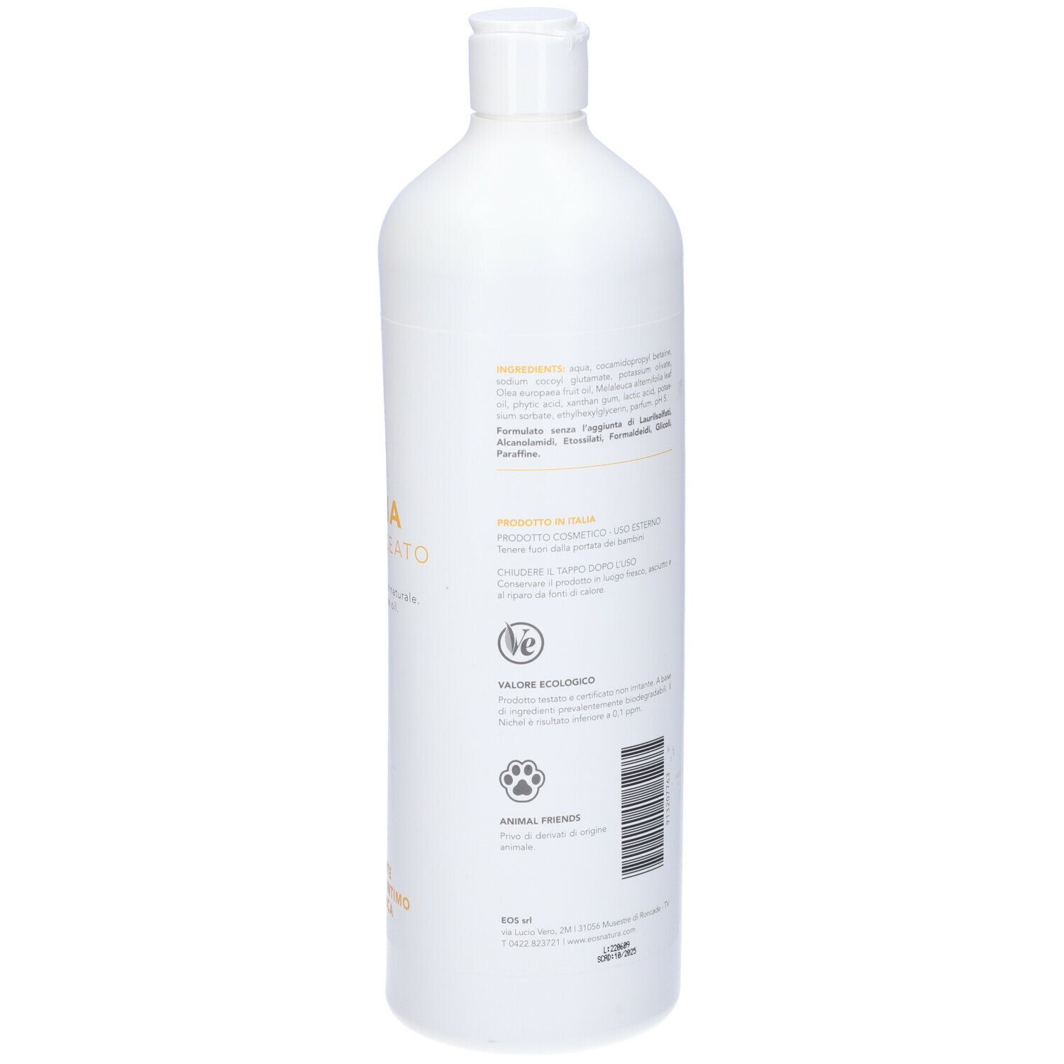 Retro flacone bianco con testo. Ingredienti, istruzioni. Logo Vegan. 1000 ml. Animal Friendly.