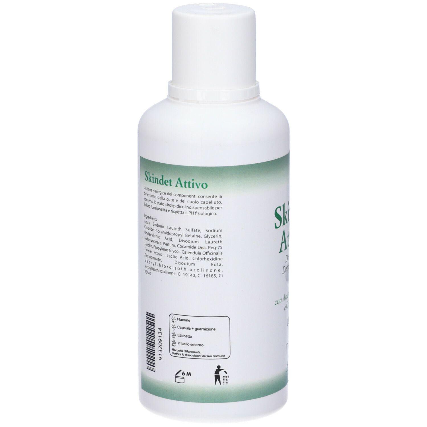 Retro del flacone bianco. Testo con ingredienti e informazioni. Codice a barre e simbolo di riciclaggio.
