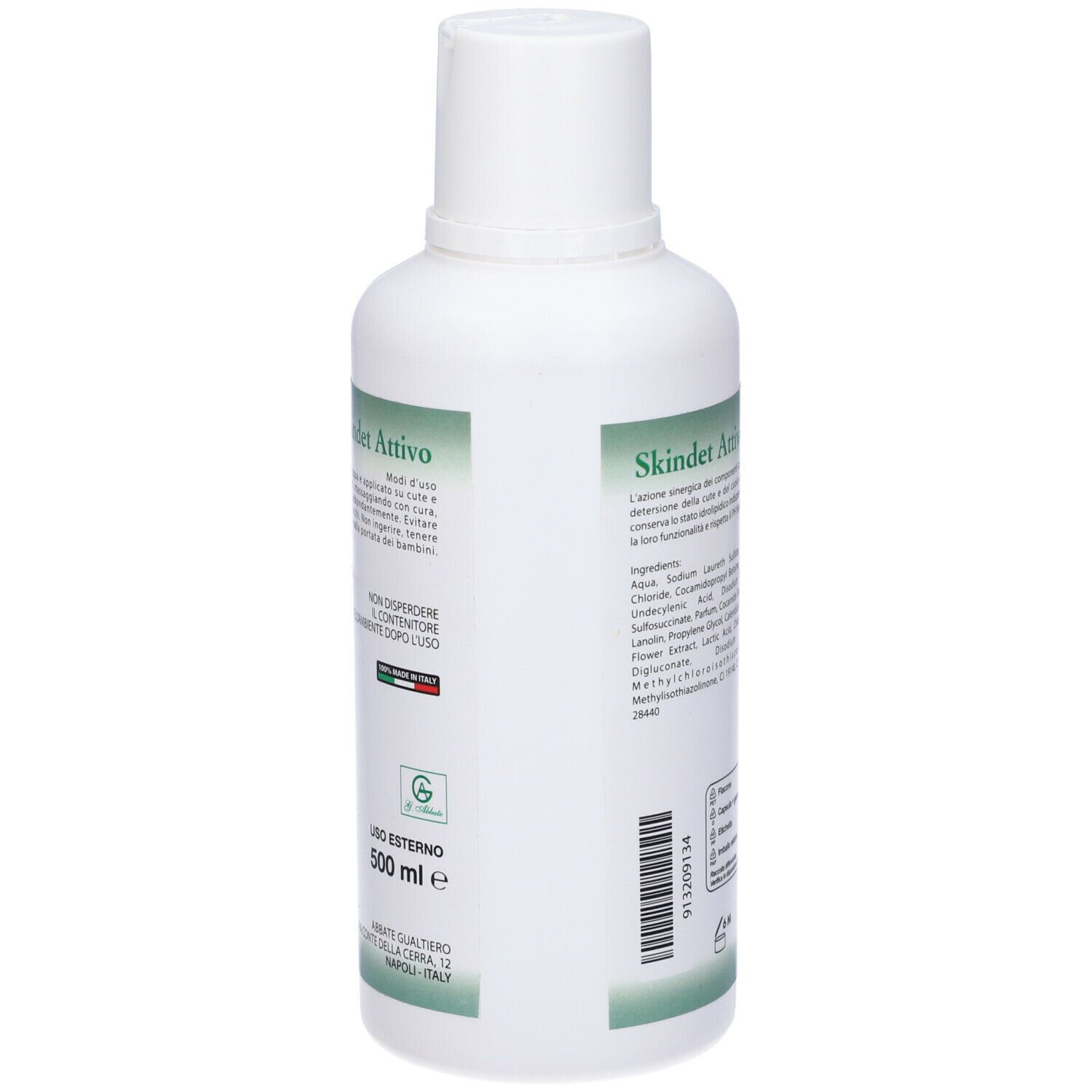 Flacone bianco, vista laterale. Testo con ingredienti e informazioni. Volume: 500 ml.