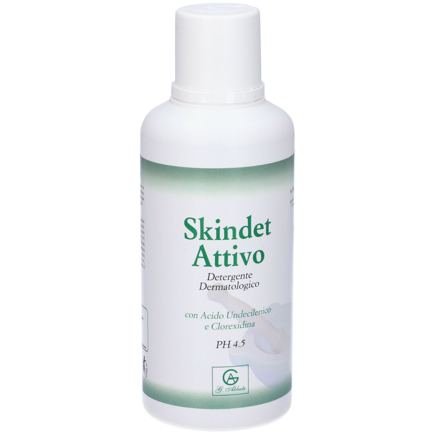 Flacone bianco con etichetta verde. Scritta: Skindet Attivo, Detergente Dermatologico, pH 4.5. Logo in basso.