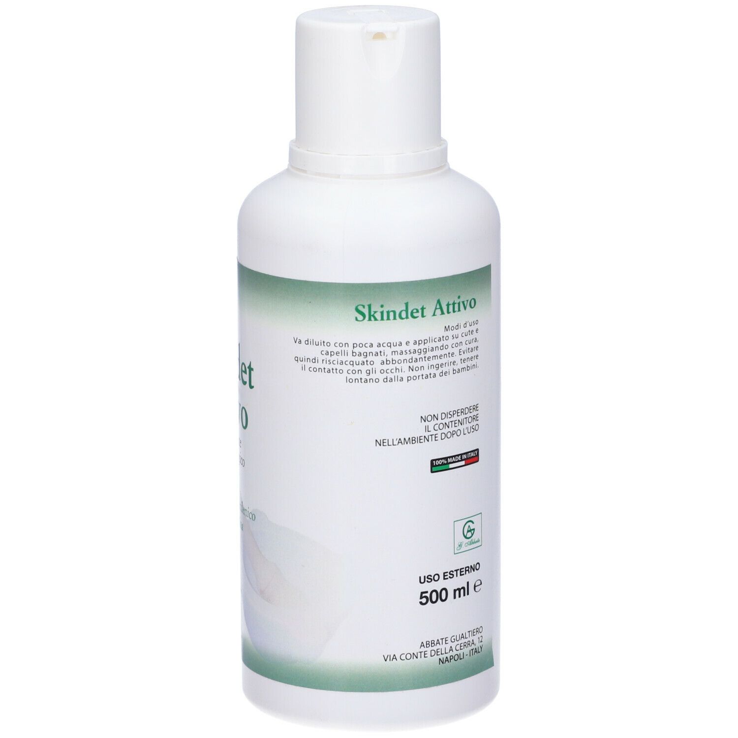 Flacone bianco, vista laterale. Testo con istruzioni per l'uso. Volume: 500 ml. Logo e indirizzo.