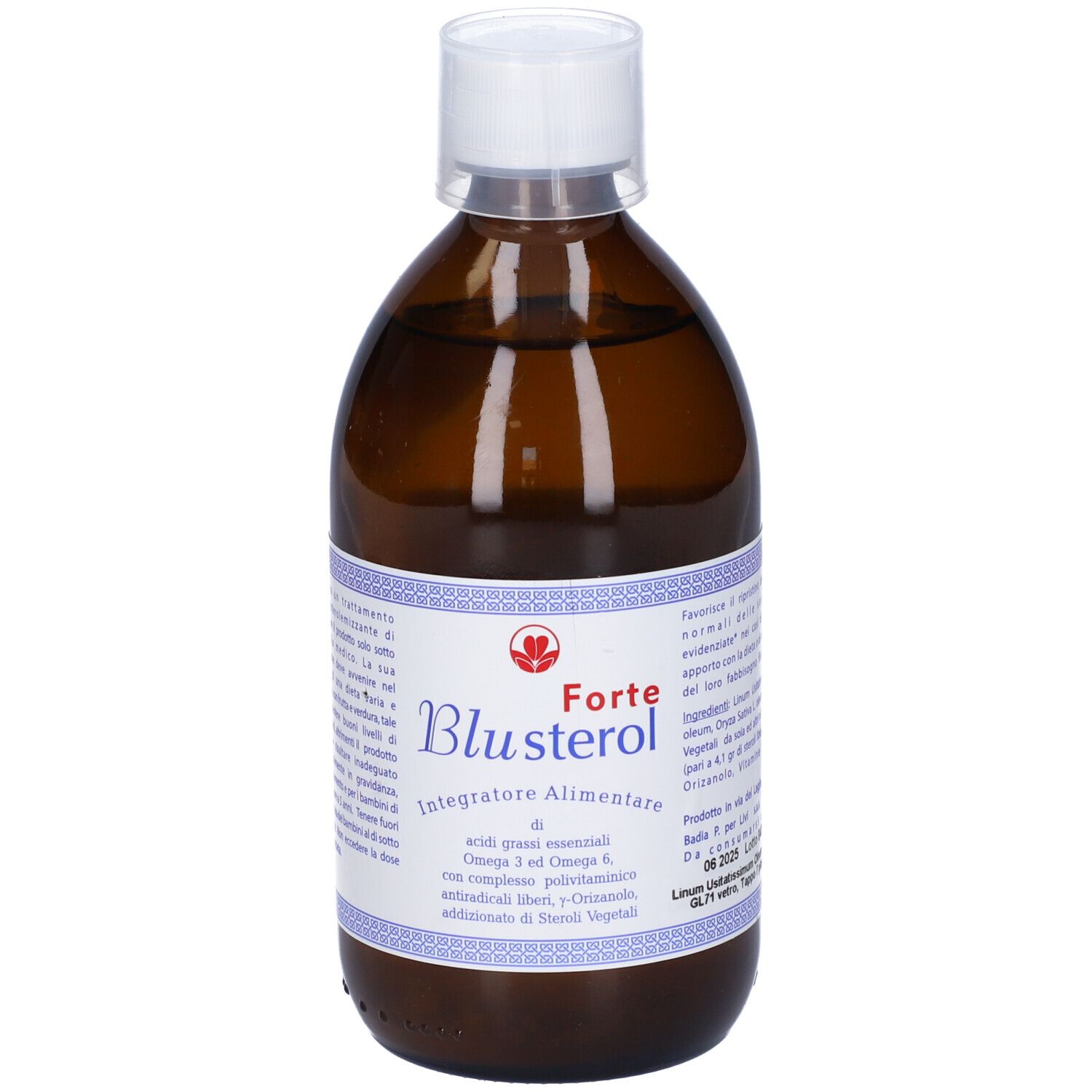 Bottiglia di vetro marrone con tappo bianco. Scritta: Blusterol Forte, integratore alimentare. Etichetta con informazioni.