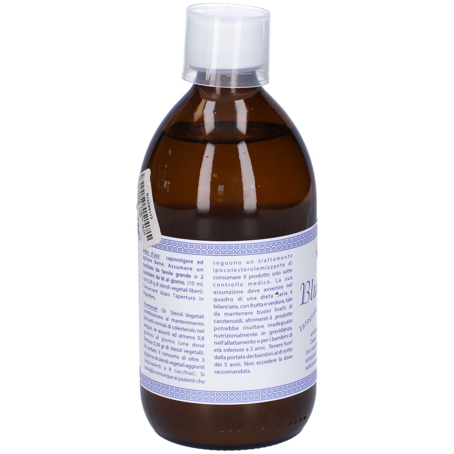 Bottiglia di vetro marrone con tappo bianco. Scritta: Blusterol Forte, integratore alimentare. Etichetta con informazioni.