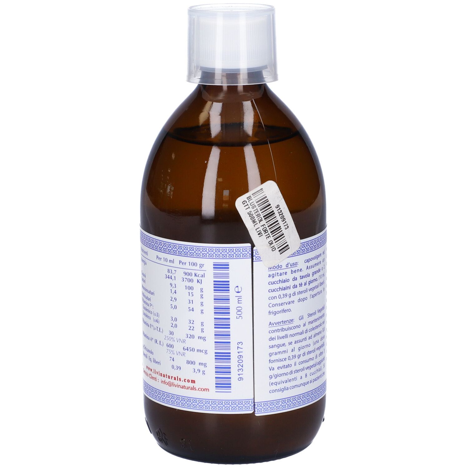 Bottiglia di vetro marrone con tappo bianco. Retro con etichetta. Contiene informazioni nutrizionali e del prodotto.