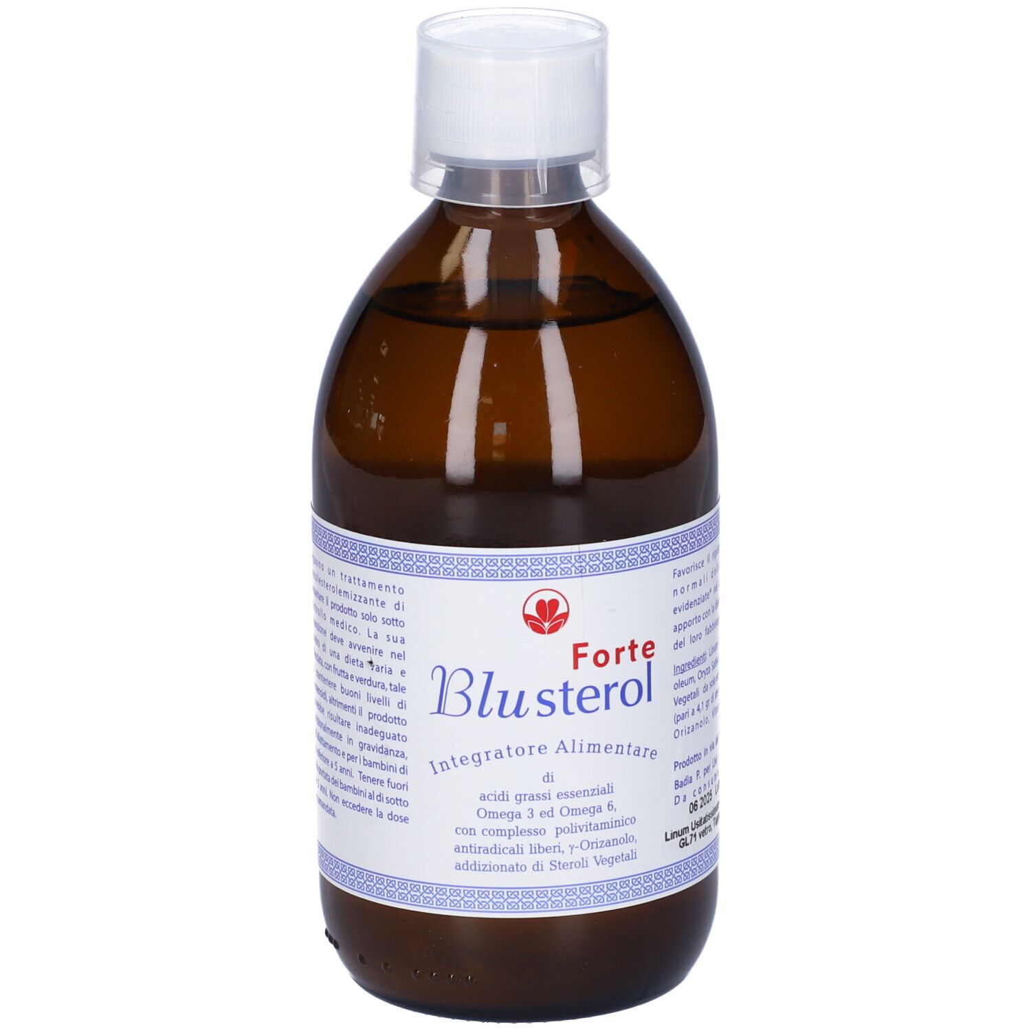 Bottiglia di vetro marrone con tappo bianco. Scritta: Blusterol Forte, integratore alimentare. Etichetta con informazioni.