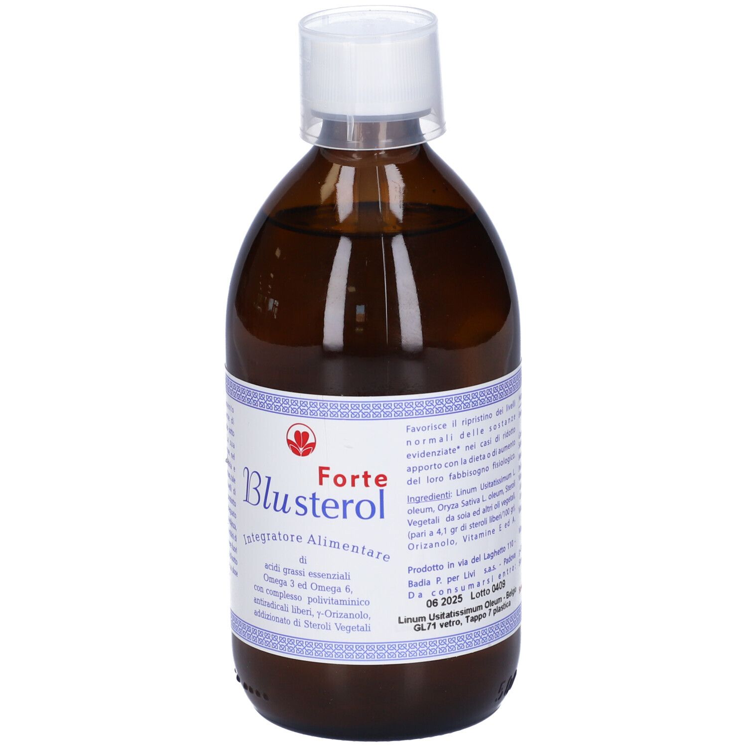 Bottiglia di vetro marrone con tappo bianco. Scritta: Blusterol Forte, integratore alimentare. Etichetta con informazioni.