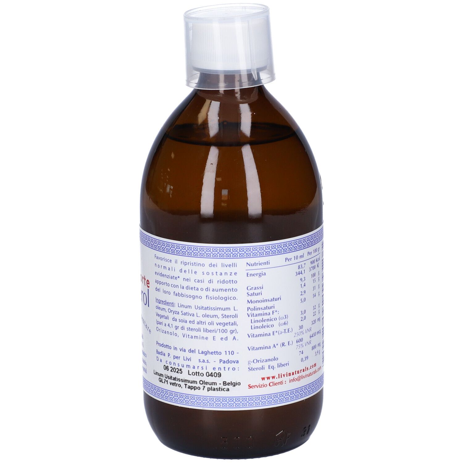 Bottiglia di vetro marrone con tappo bianco. Retro con etichetta. Contiene informazioni nutrizionali e del prodotto.