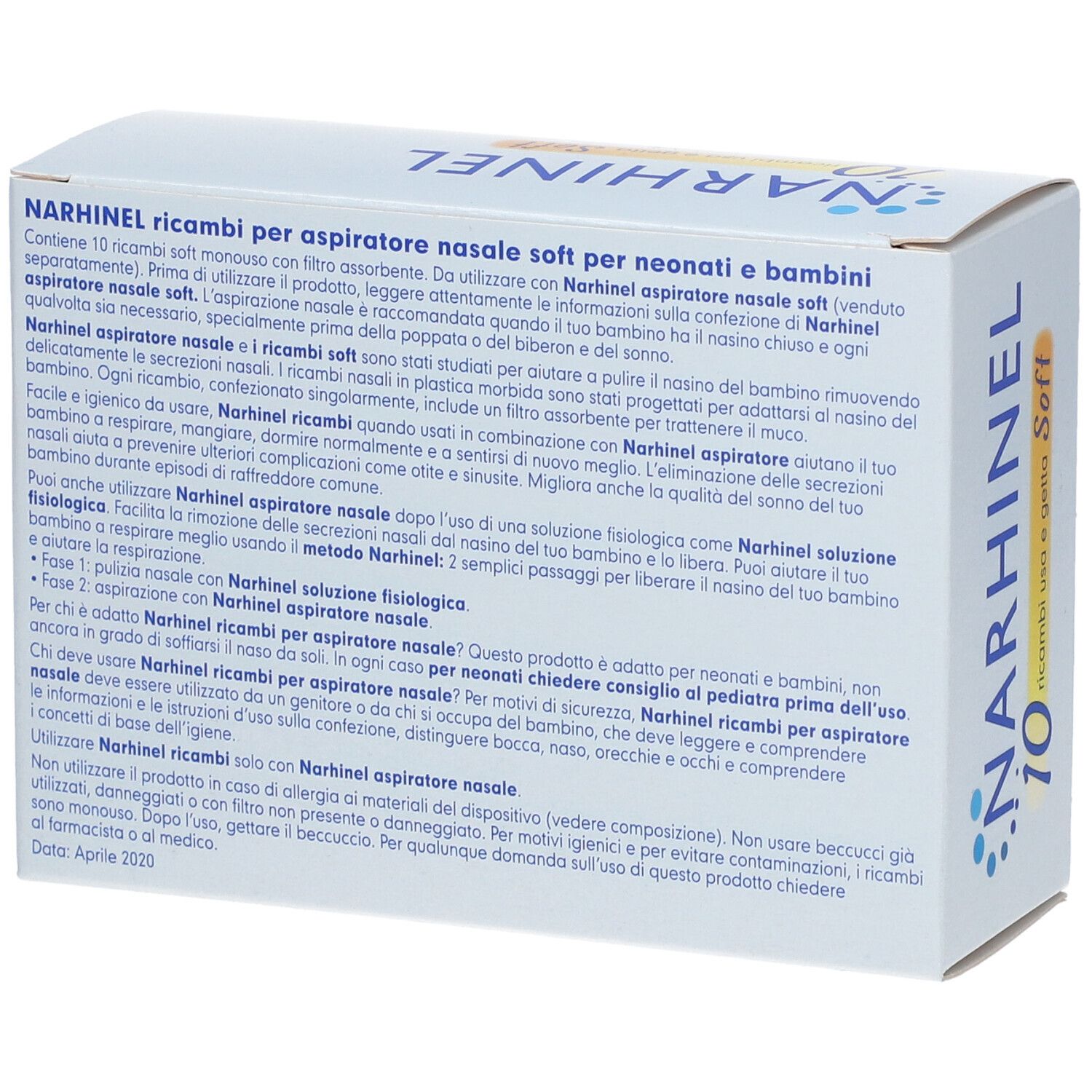 Retro della confezione di Narhinel® Usa E pez Soft. Informazioni testuali e loghi.