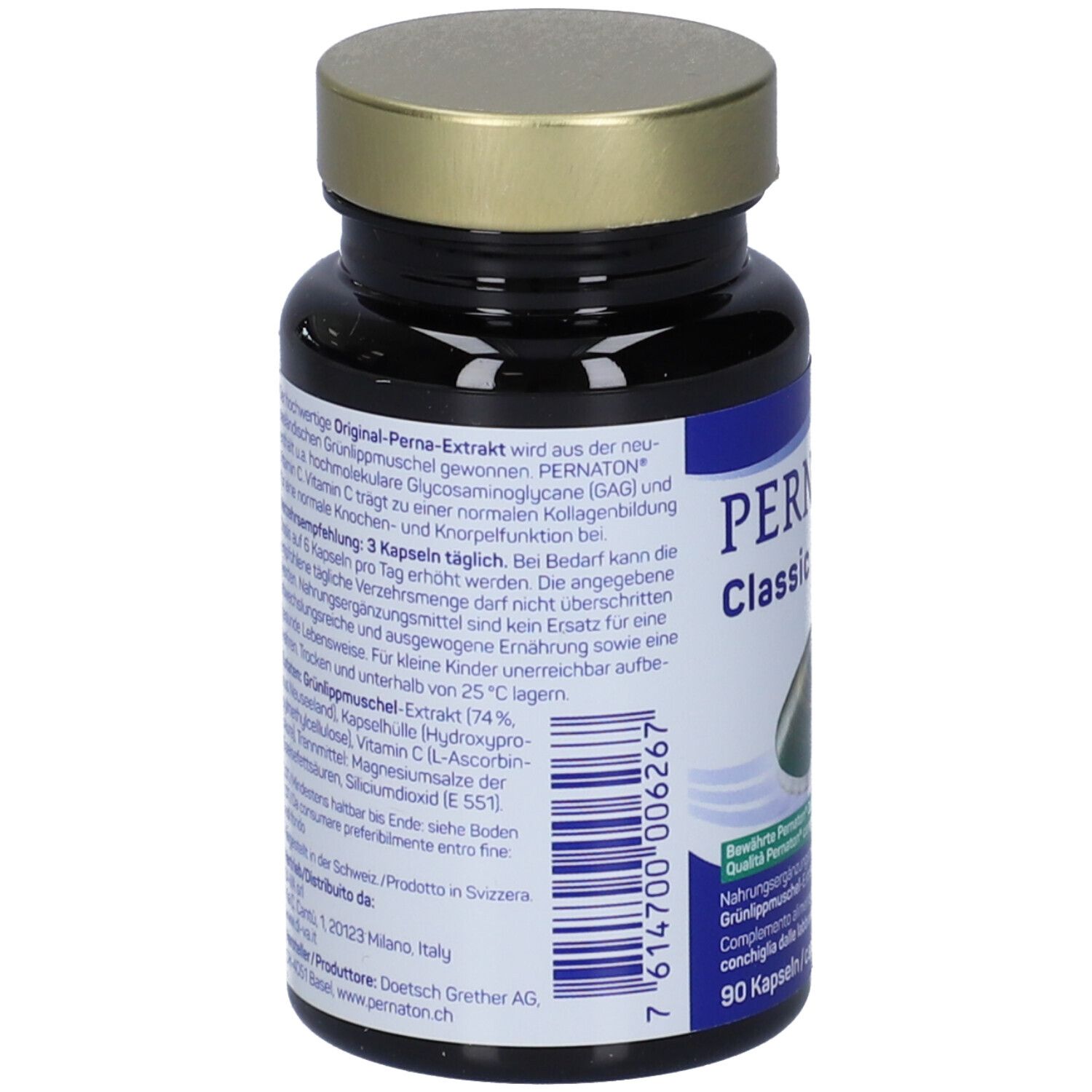 Retro di un flacone scuro con tappo dorato. Testo su etichetta blu. Contiene informazioni sul prodotto.