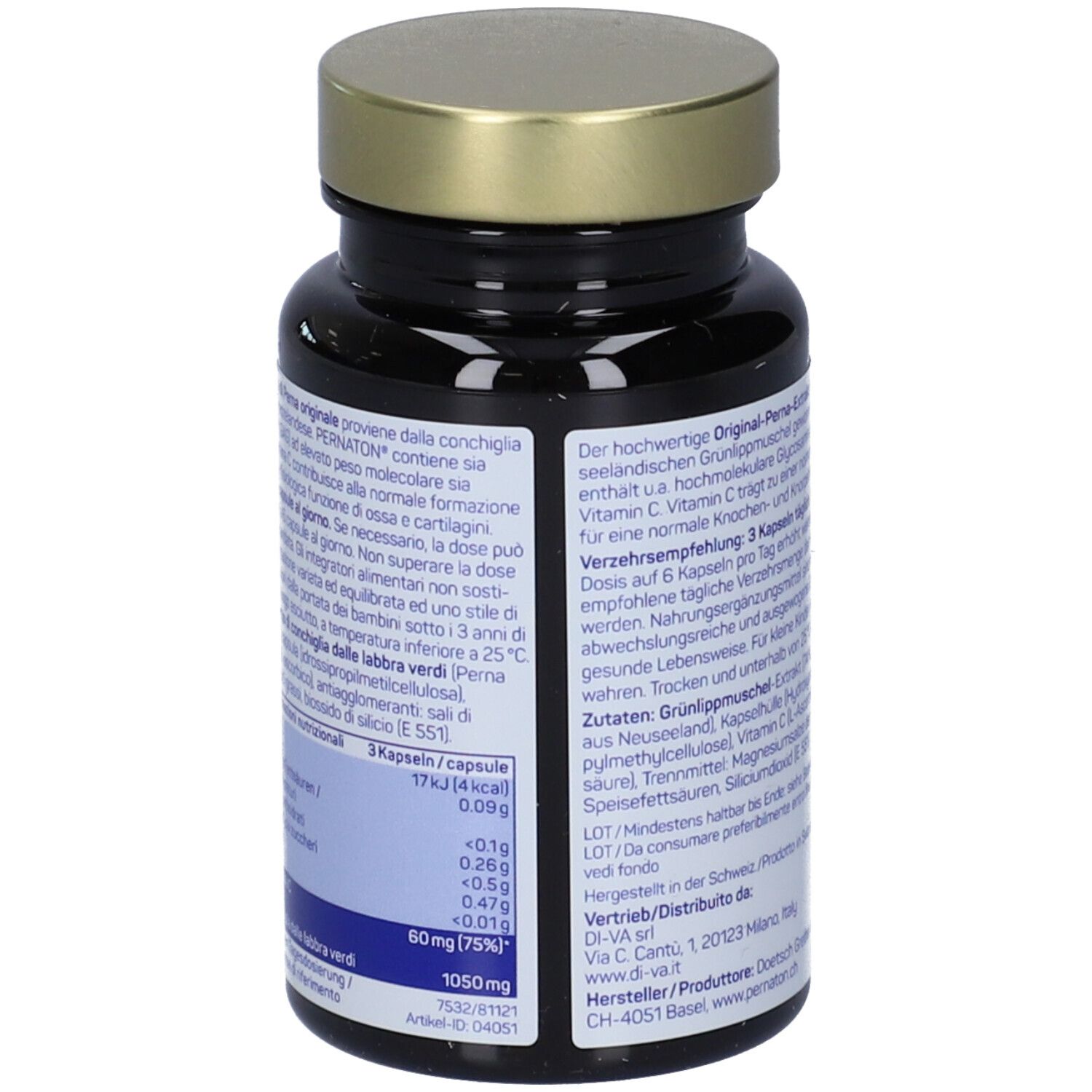 Retro di un flacone scuro con tappo dorato. Testo su etichetta blu. Contiene informazioni nutrizionali e ingredienti.