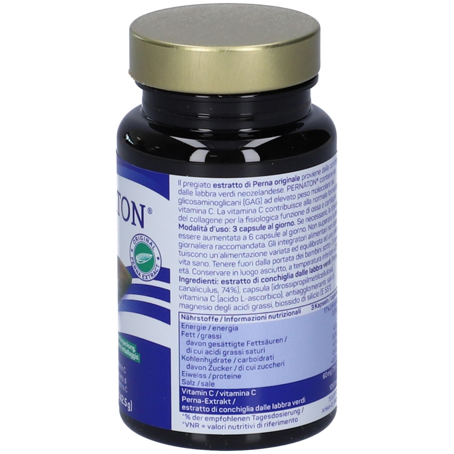 Retro di un flacone scuro con tappo dorato. Testo su etichetta blu. Contiene informazioni sul prodotto.