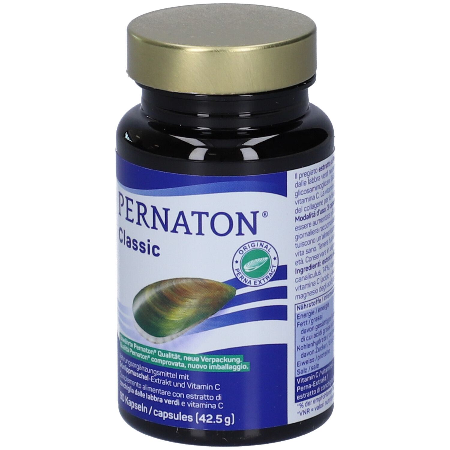Flacone scuro con tappo dorato. Scritta PERNATON Classic. Etichetta con immagine di cozza e testo.