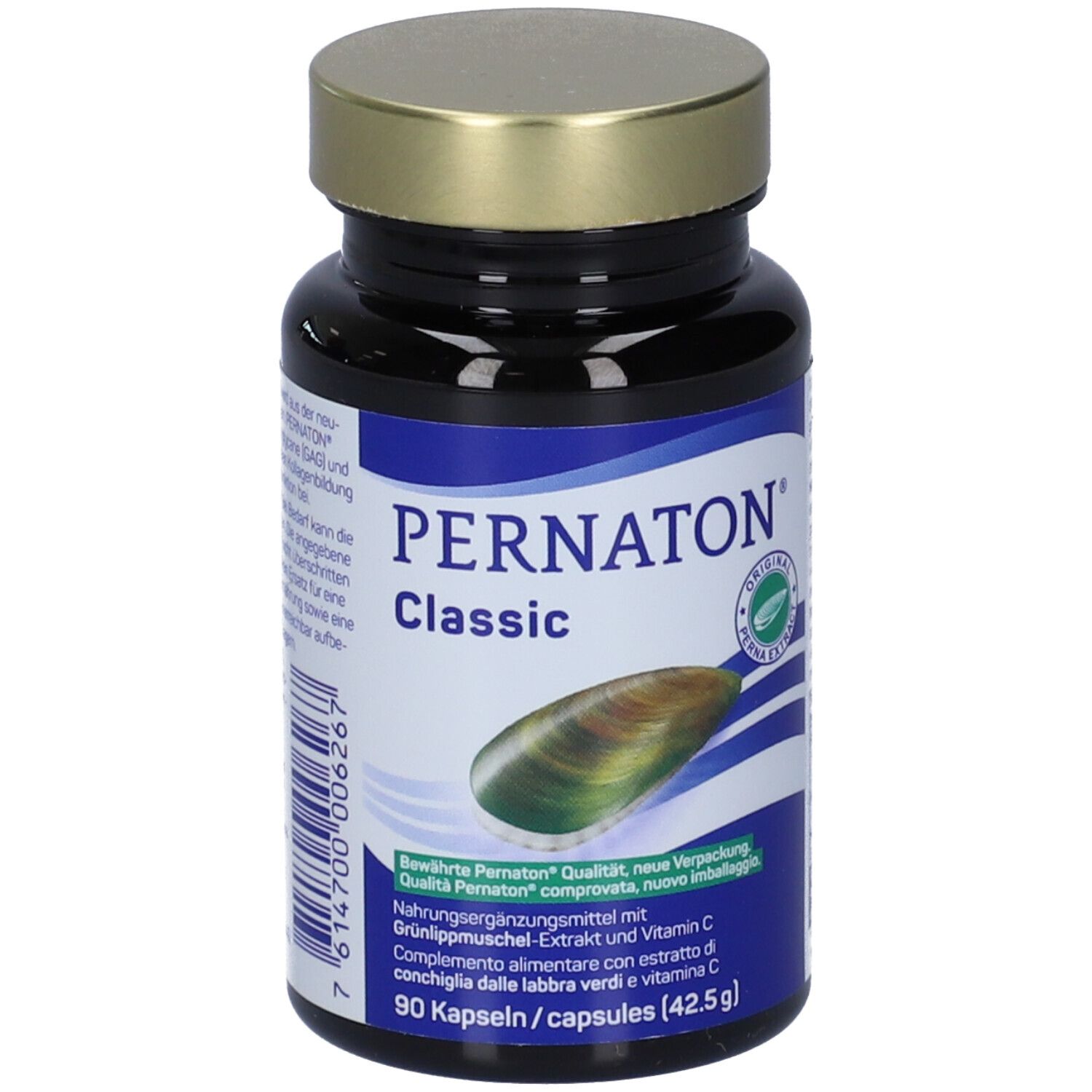 Flacone scuro con tappo dorato. Scritta PERNATON Classic. Etichetta con immagine di cozza e testo.