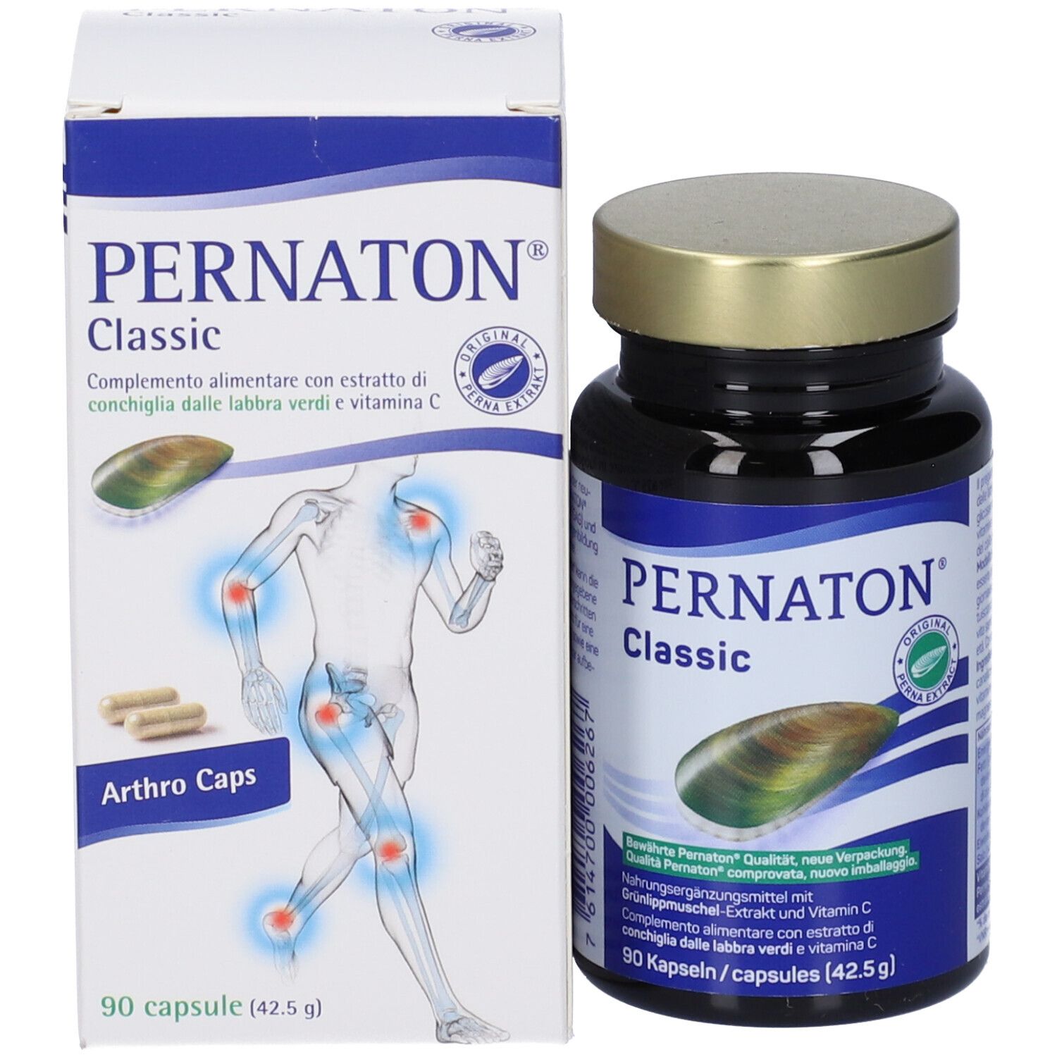 Confezione del prodotto con flacone e scatola. Scritta PERNATON Classic. Scatola con immagine e testo.