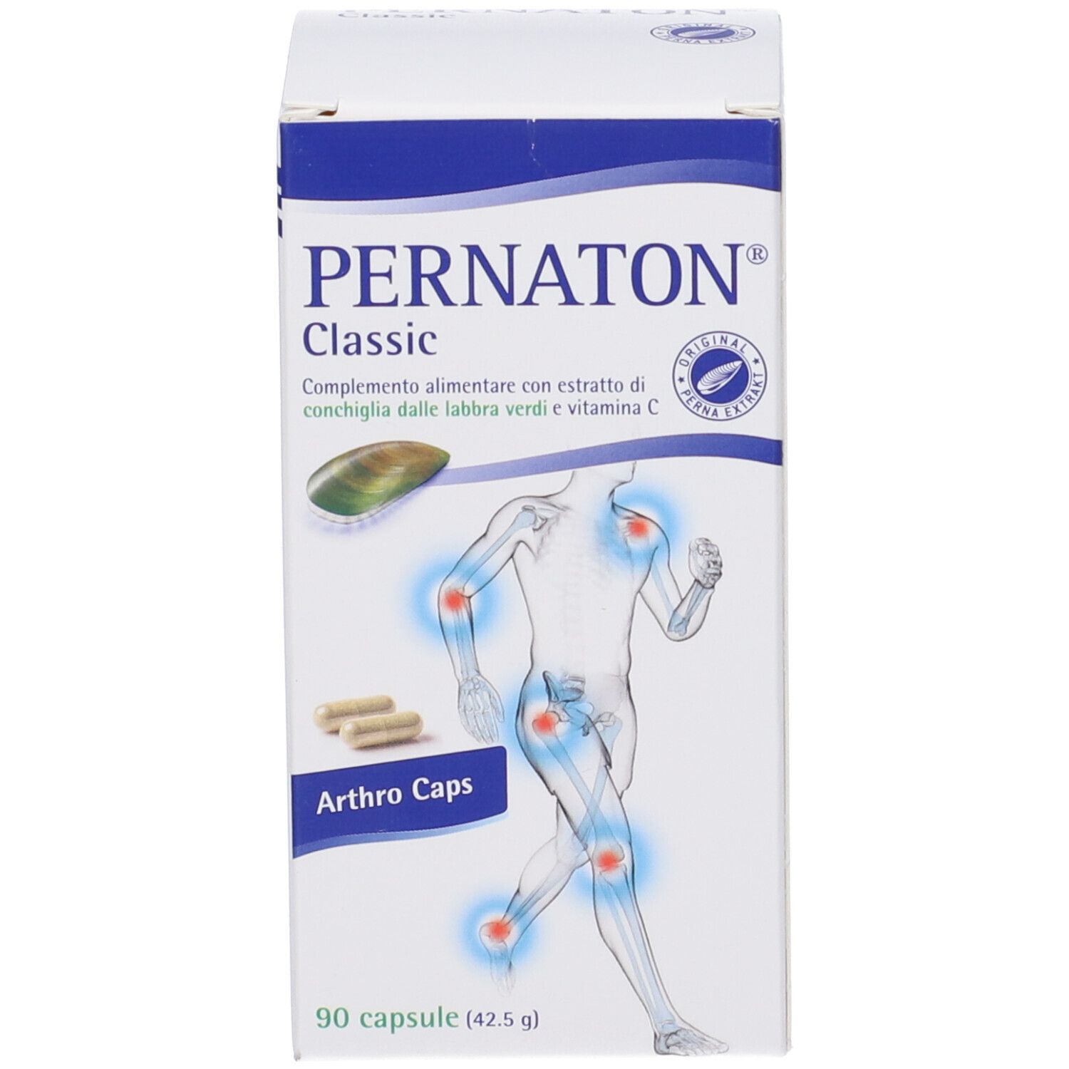 Confezione del prodotto con scatola. Scritta PERNATON Classic. Scatola con immagine e testo. Contiene capsule.
