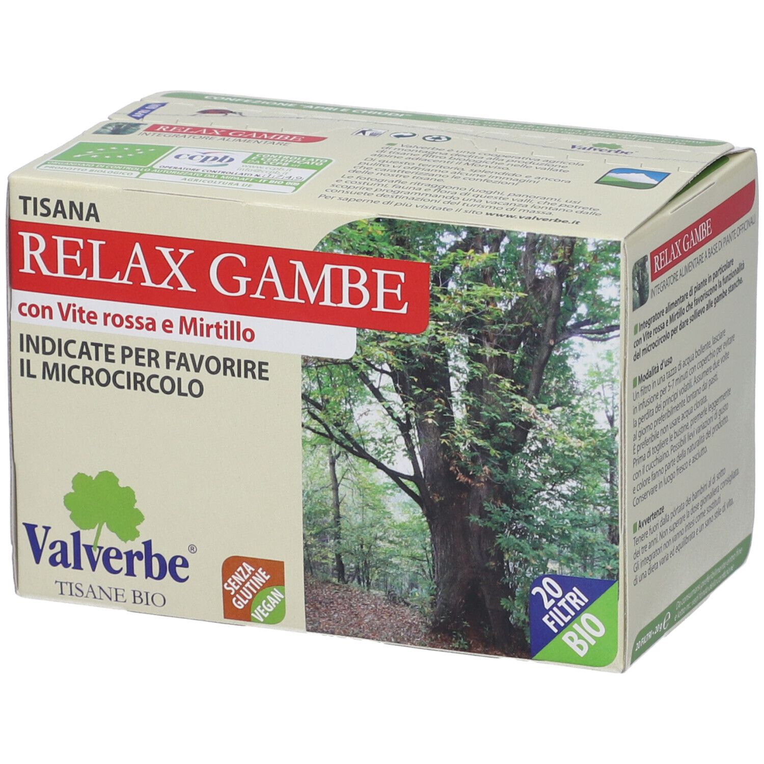 Confezione Tisana Relax Gambe. Scritta rossa con nome e ingredienti. Logo Valverbe, 20 filtri, etichetta Bio.