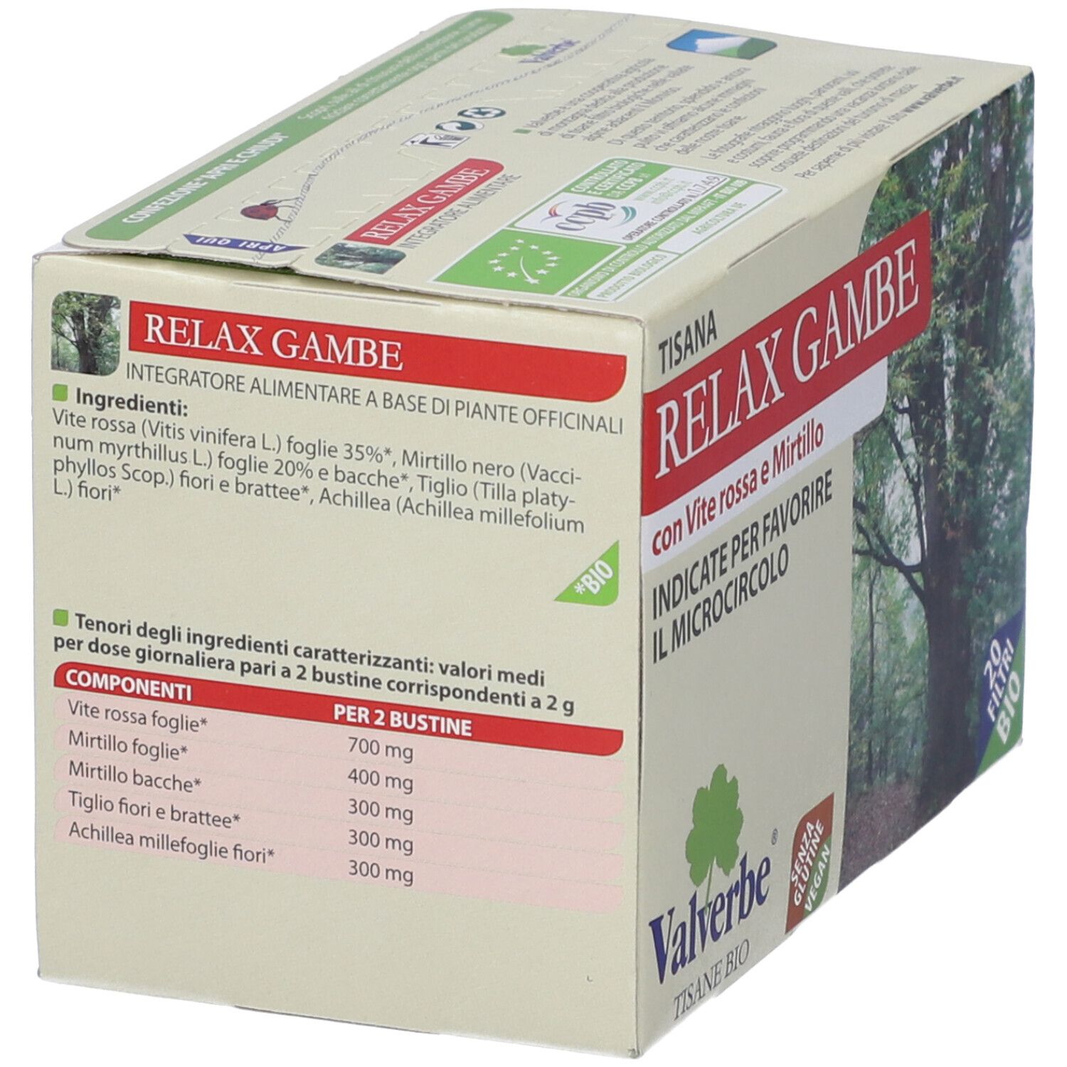 Confezione Tisana Relax Gambe. Scritta rossa con nome e ingredienti. Logo Valverbe, 20 filtri, etichetta Bio.