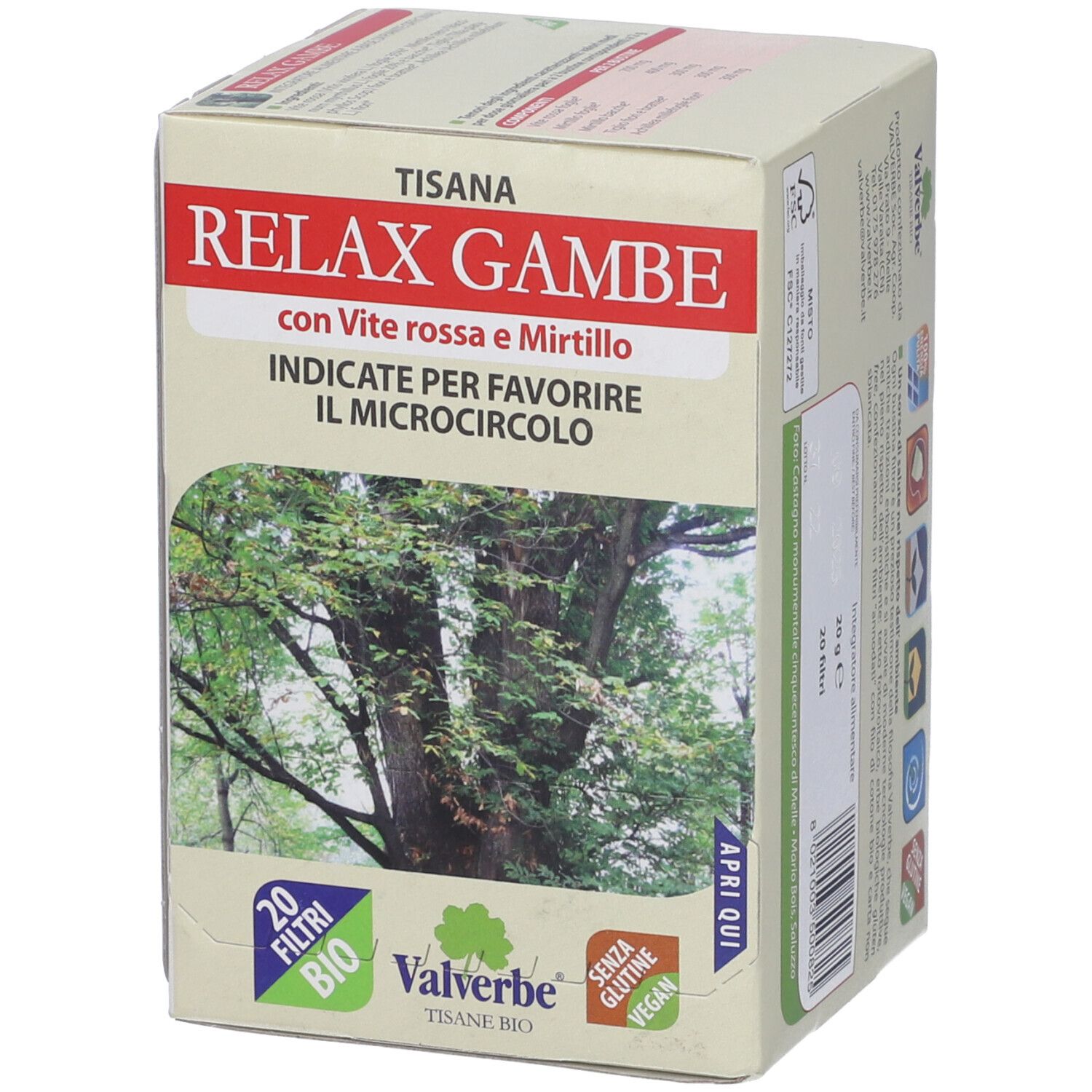 Confezione Tisana Relax Gambe. Scritta rossa con nome e ingredienti. Logo Valverbe, 20 filtri, etichetta Bio.