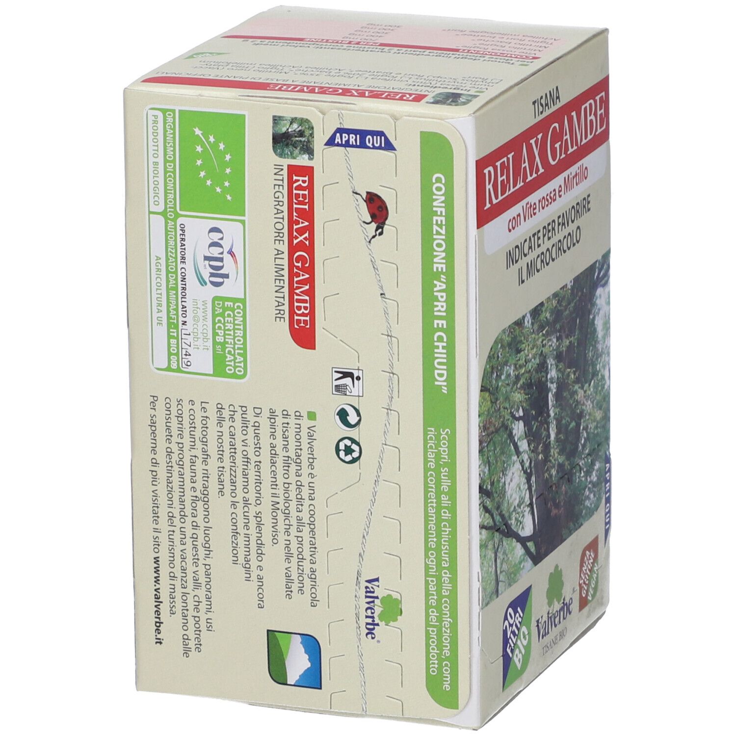 Confezione Tisana Relax Gambe. Scritta rossa con nome e ingredienti. Logo Valverbe, 20 filtri, etichetta Bio.