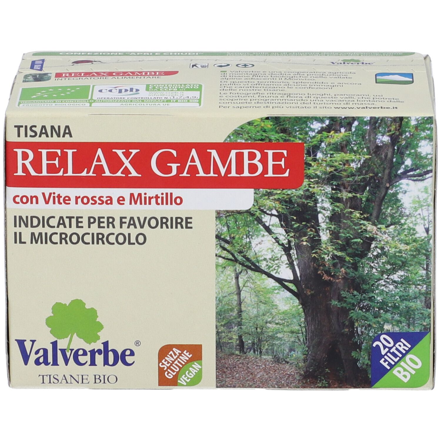 Confezione Tisana Relax Gambe. Scritta rossa con nome e ingredienti. Logo Valverbe, 20 filtri, etichetta Bio.