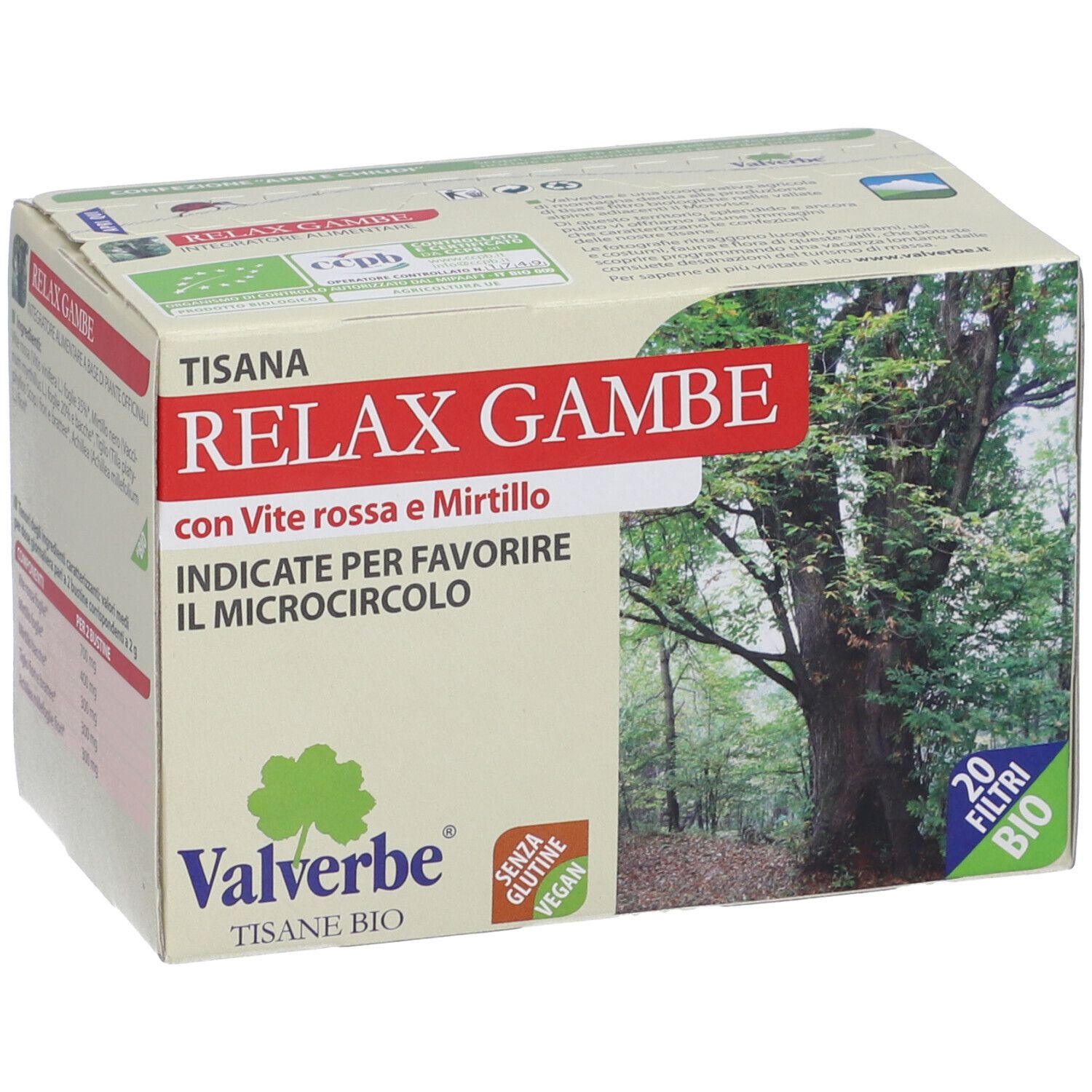 Confezione Tisana Relax Gambe. Scritta rossa con nome e ingredienti. Logo Valverbe, 20 filtri, etichetta Bio.