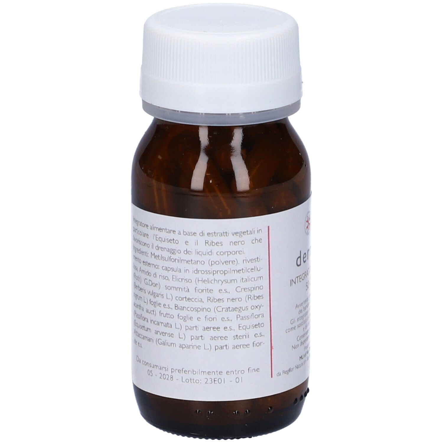 Flacone marrone con tappo bianco. Etichetta con testo. Scritta: derma.mu, 50 capsule.