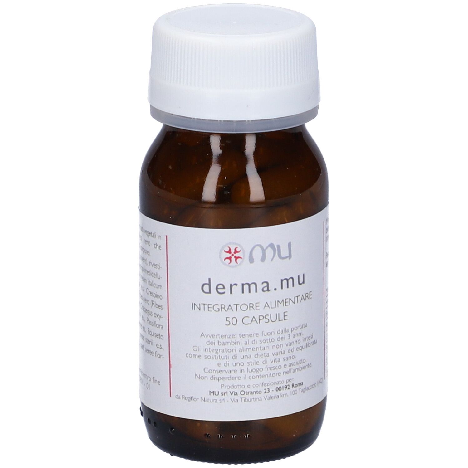 Flacone marrone con tappo bianco. Scritta: derma.mu, 50 capsule. Etichetta con logo e testo.